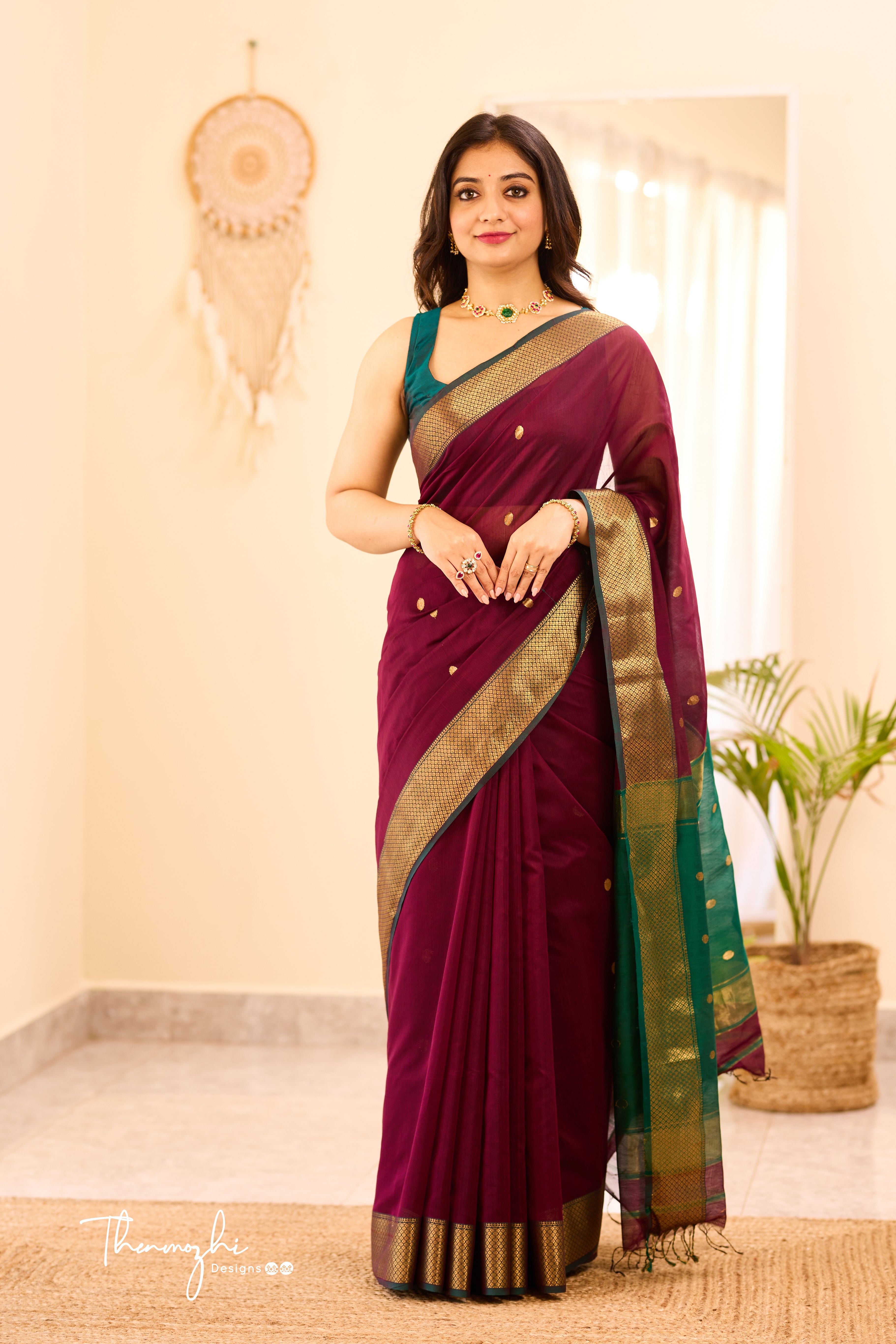 Dark Wine Maheshwari Silk Cotton Handloom Saree