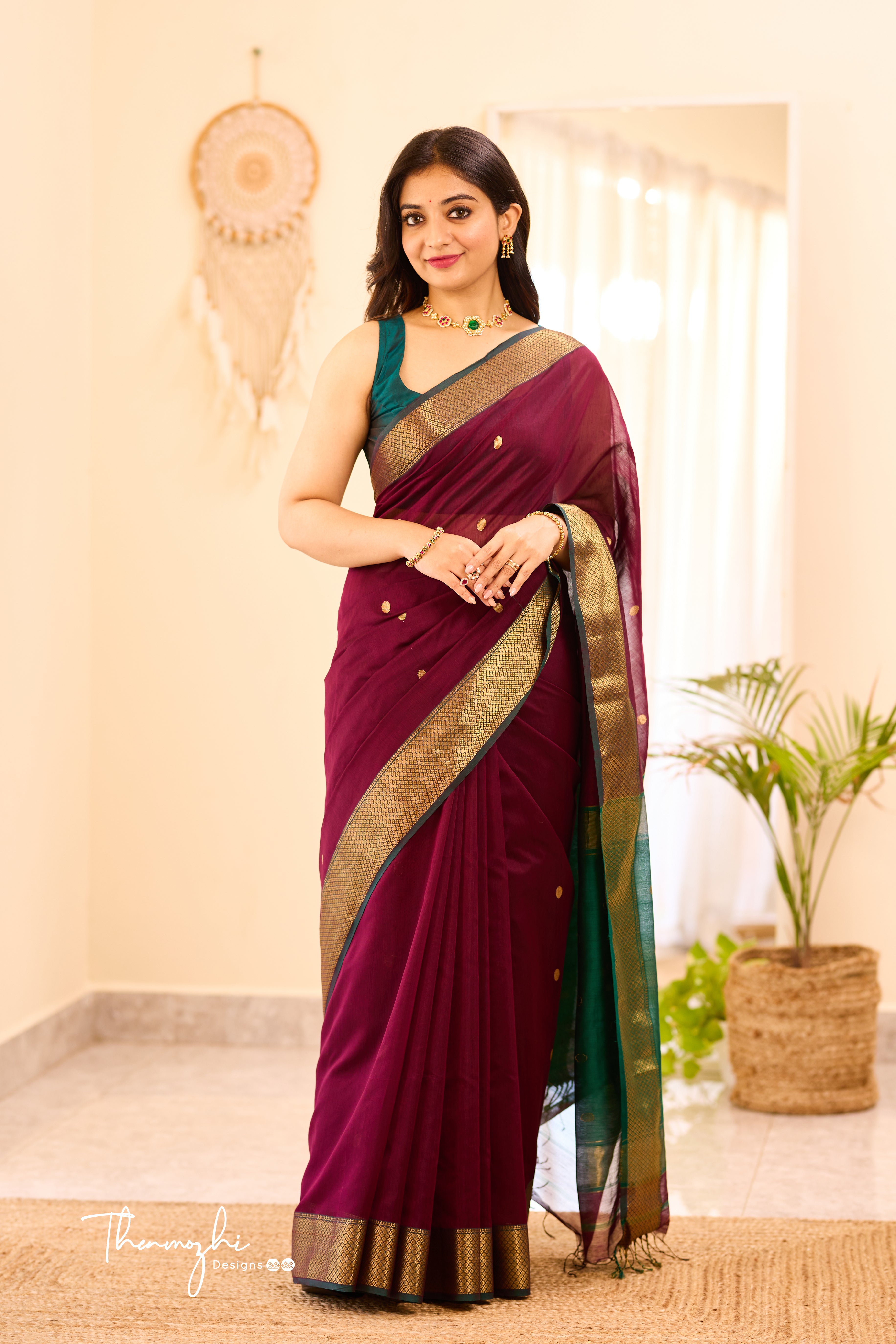 Dark Wine Maheshwari Silk Cotton Handloom Saree