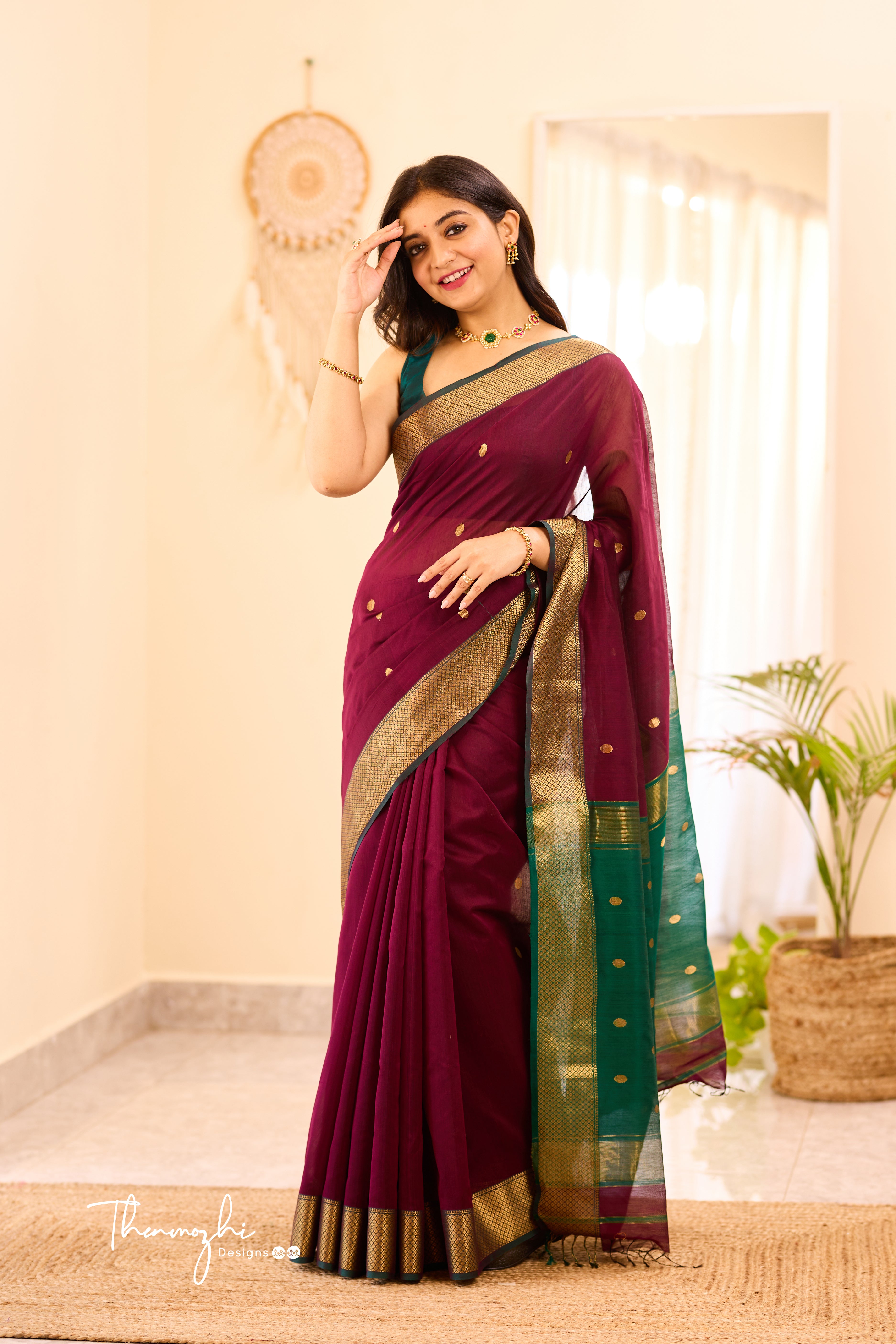 Dark Wine Maheshwari Silk Cotton Handloom Saree