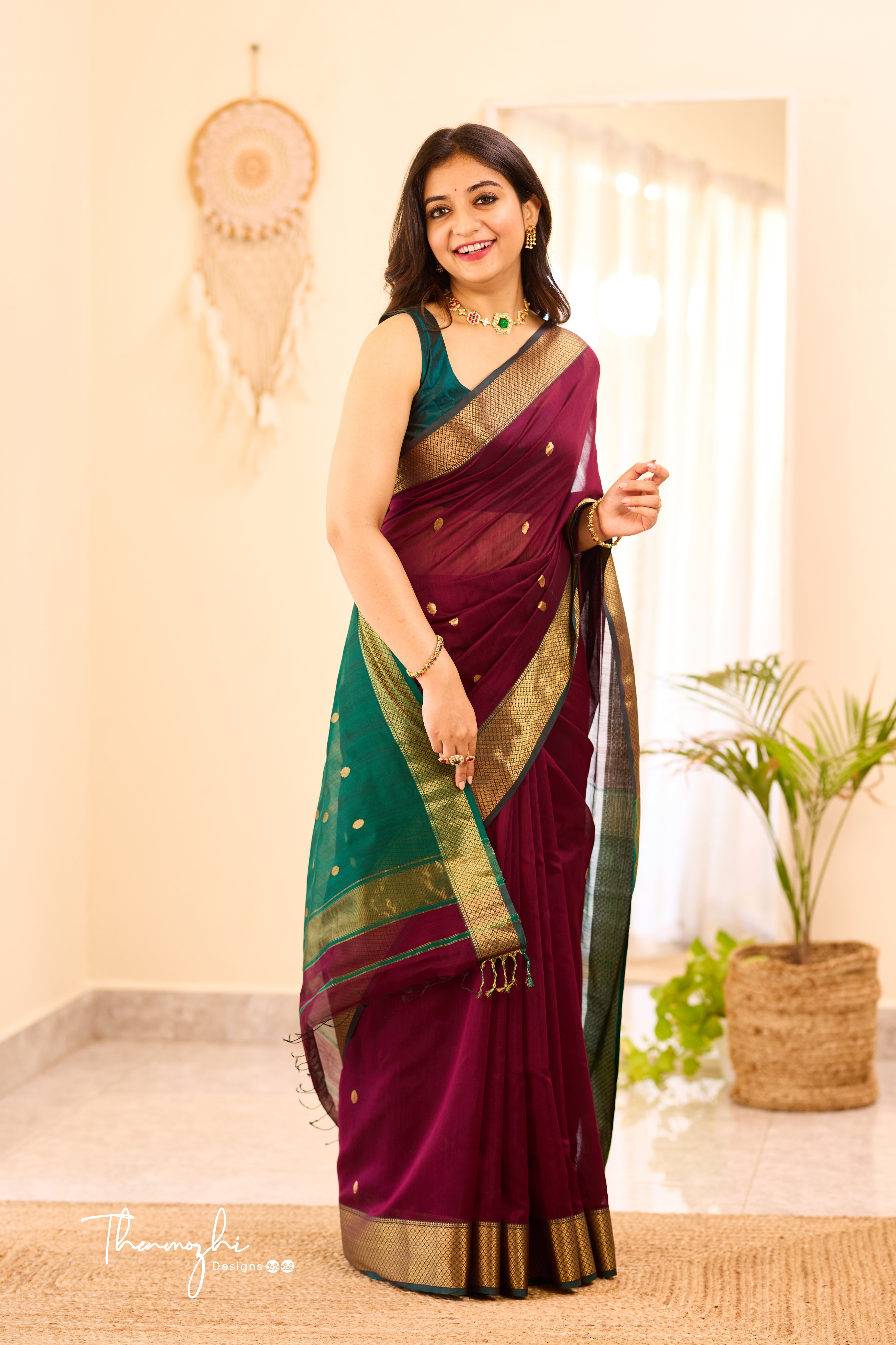 Dark Wine Maheshwari Silk Cotton Handloom Saree