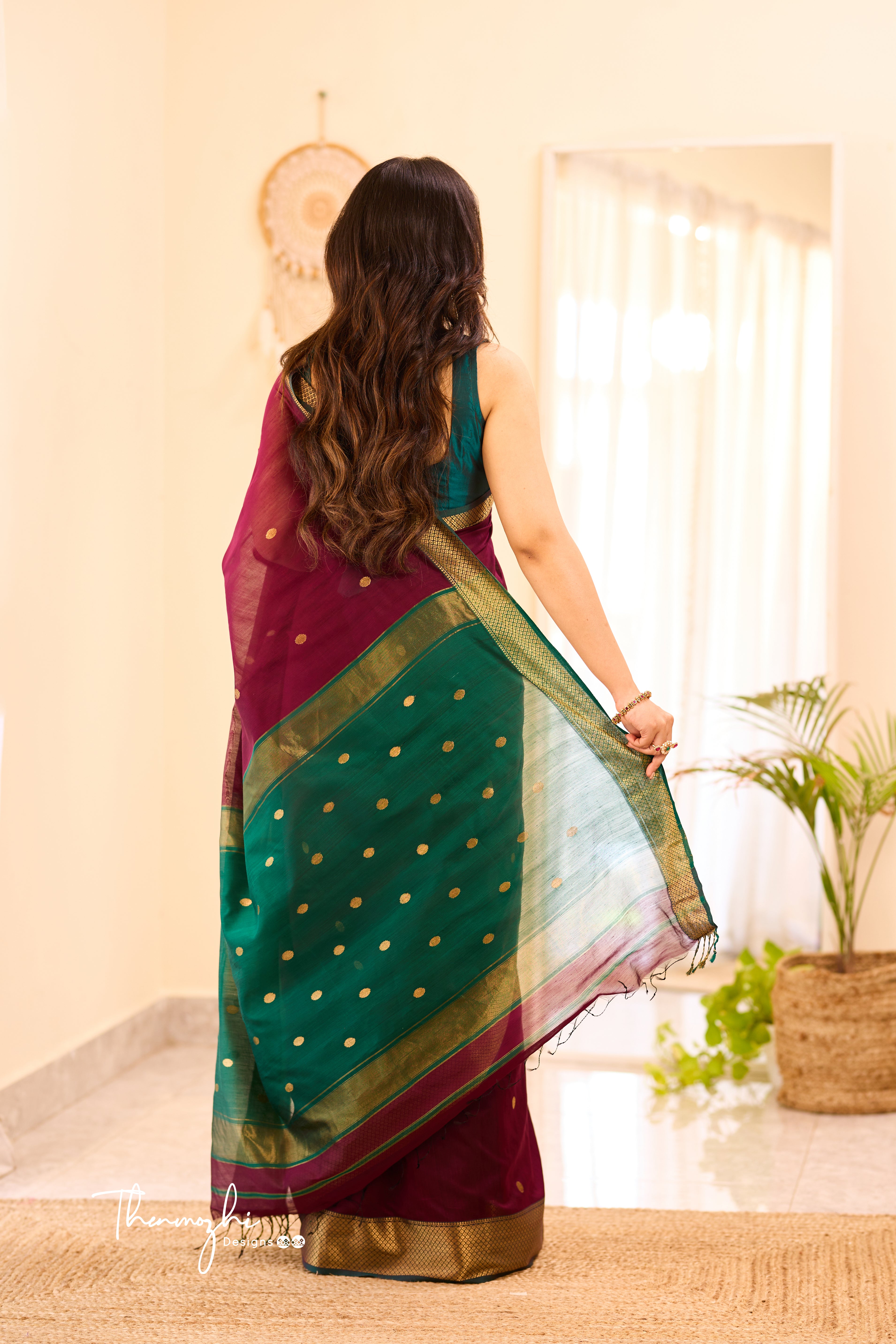 Dark Wine Maheshwari Silk Cotton Handloom Saree