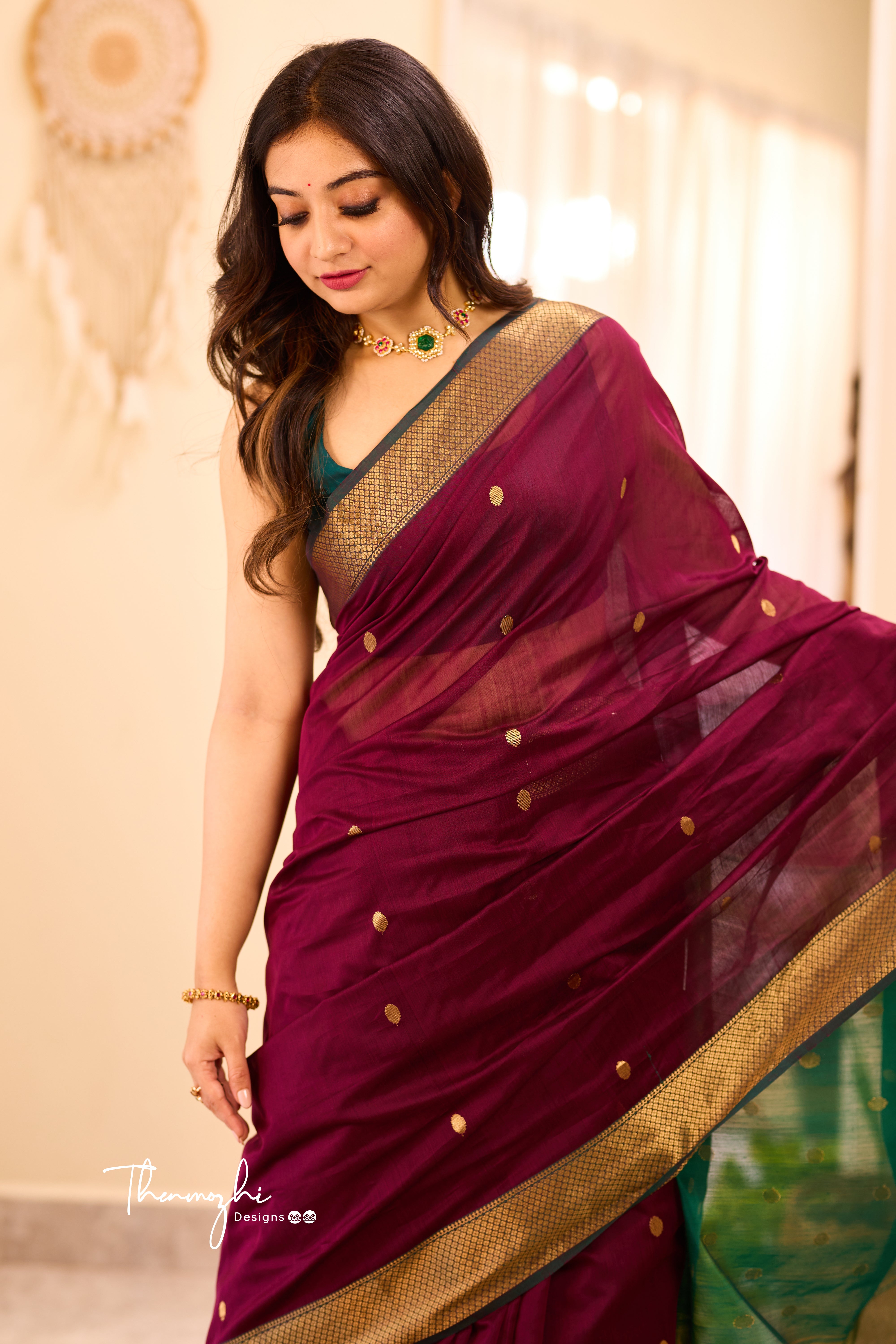 Dark Wine Maheshwari Silk Cotton Handloom Saree