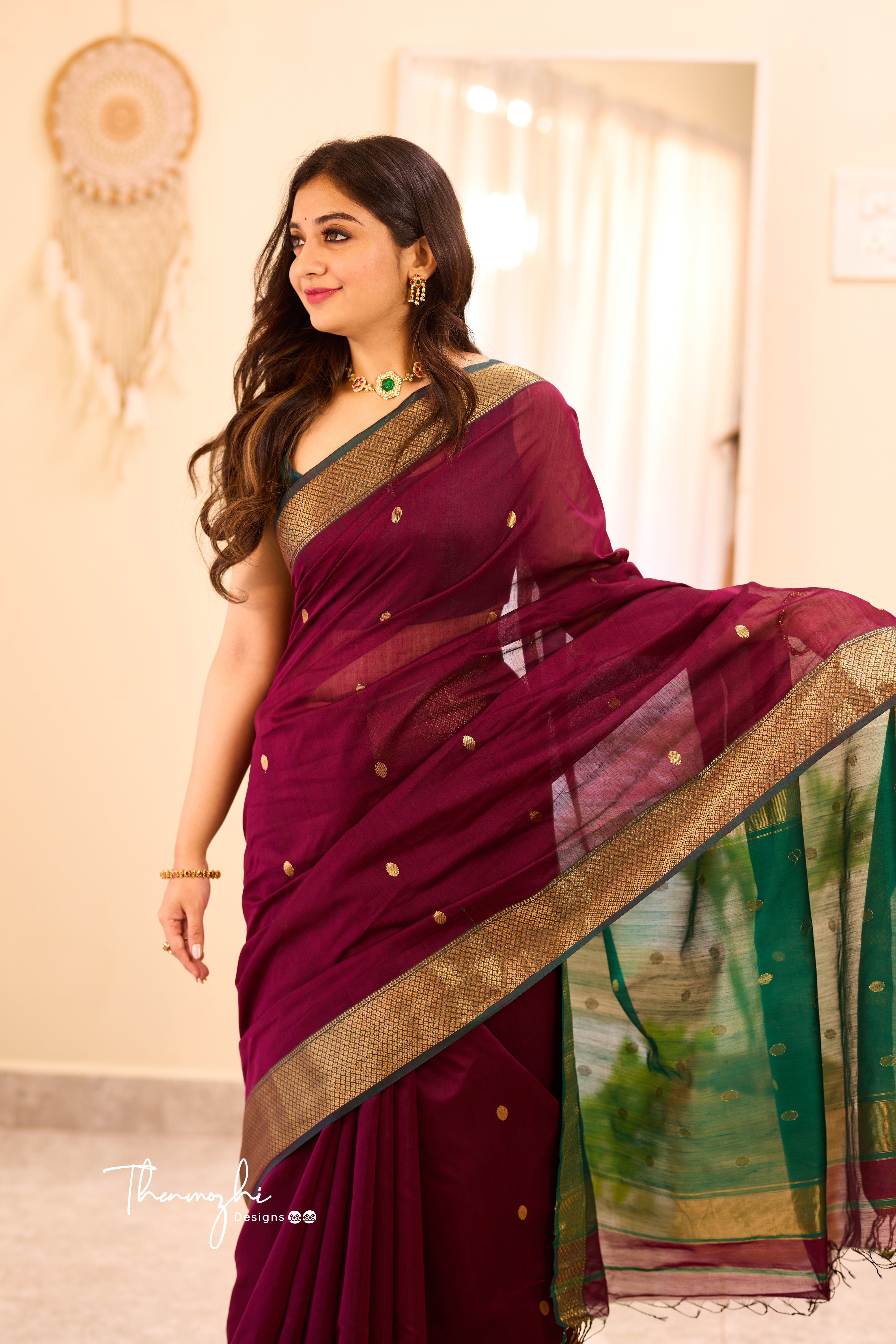 Dark Wine Maheshwari Silk Cotton Handloom Saree