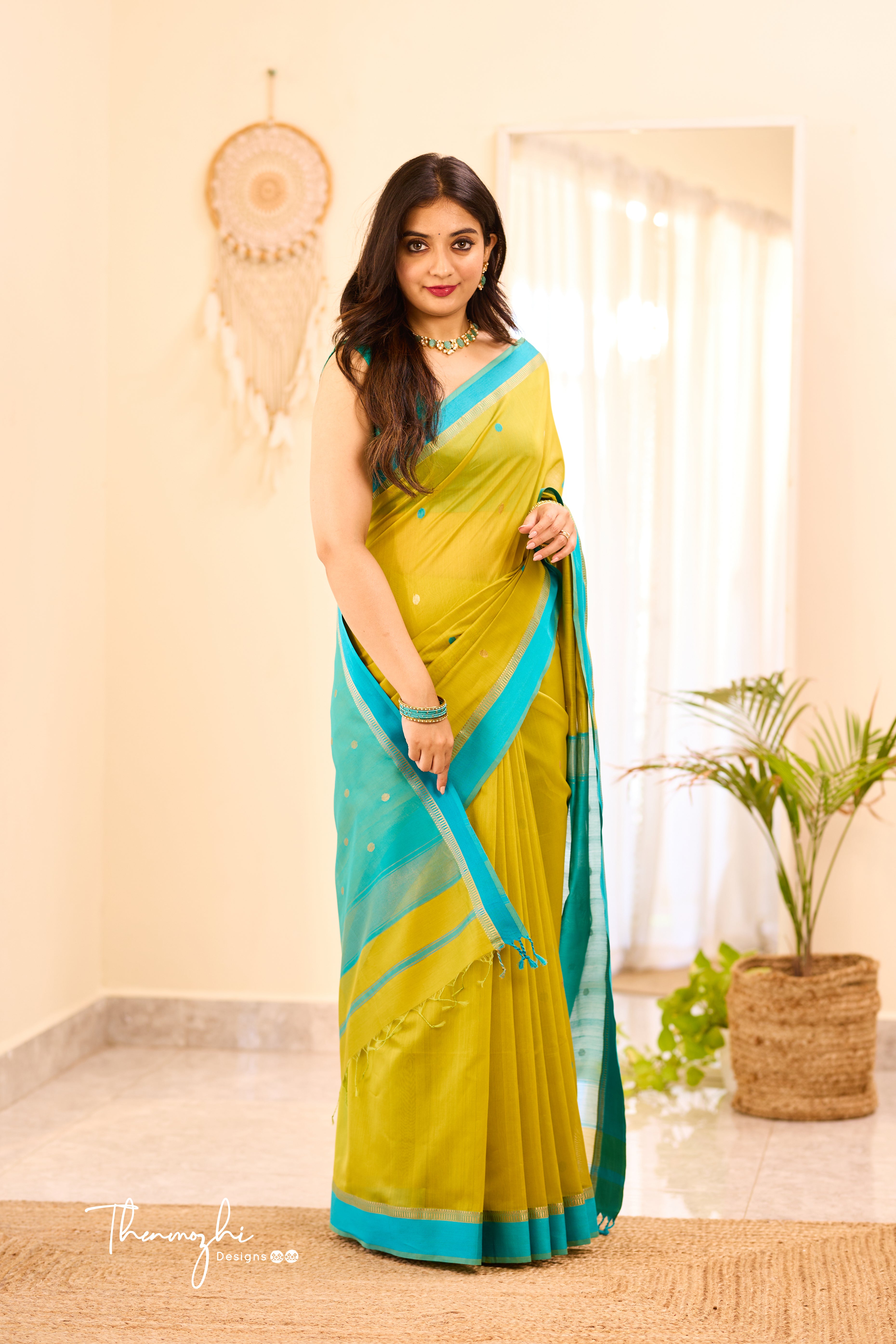 Bronze Yellow Maheshwari Silk Cotton Handloom Saree