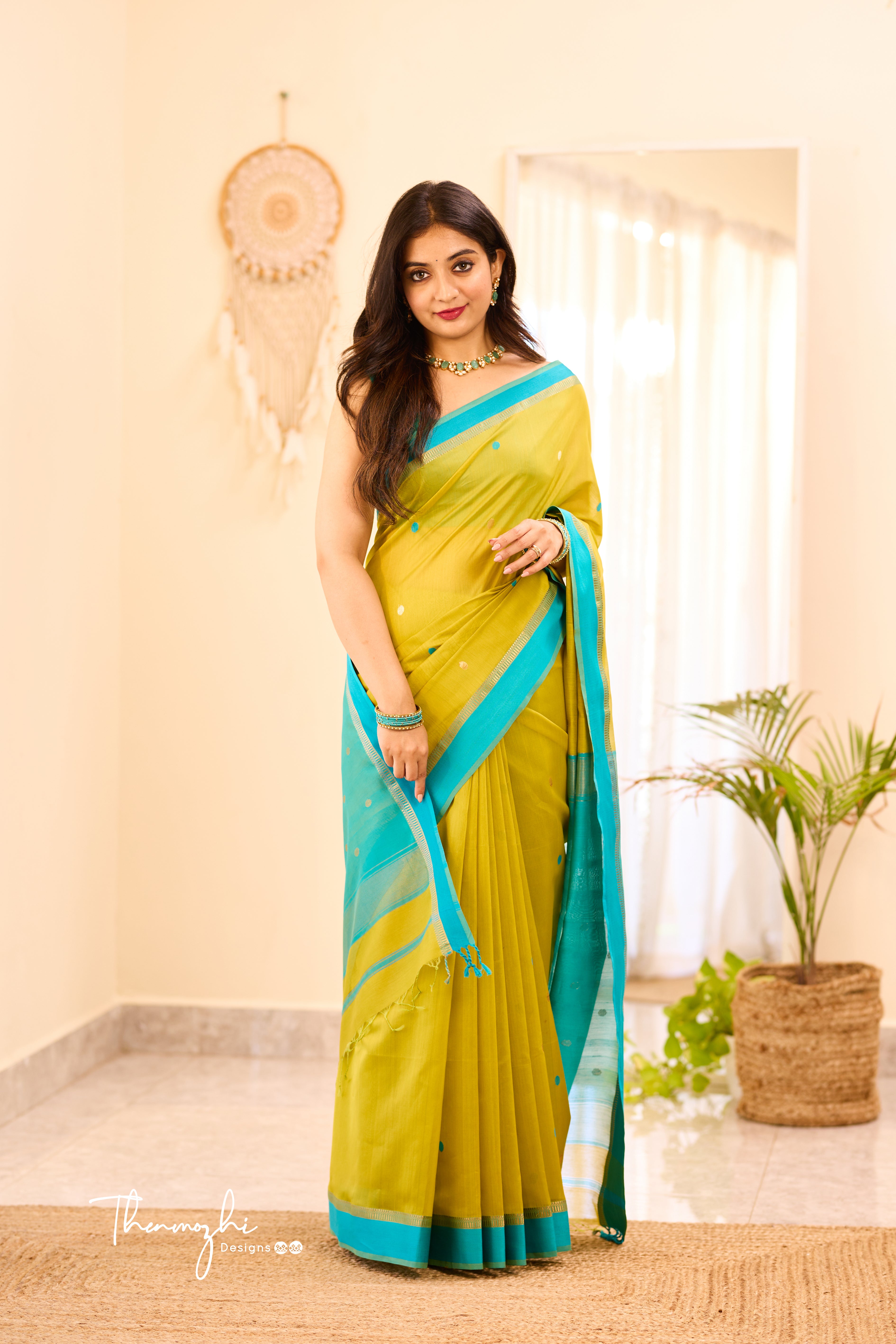 Bronze Yellow Maheshwari Silk Cotton Handloom Saree