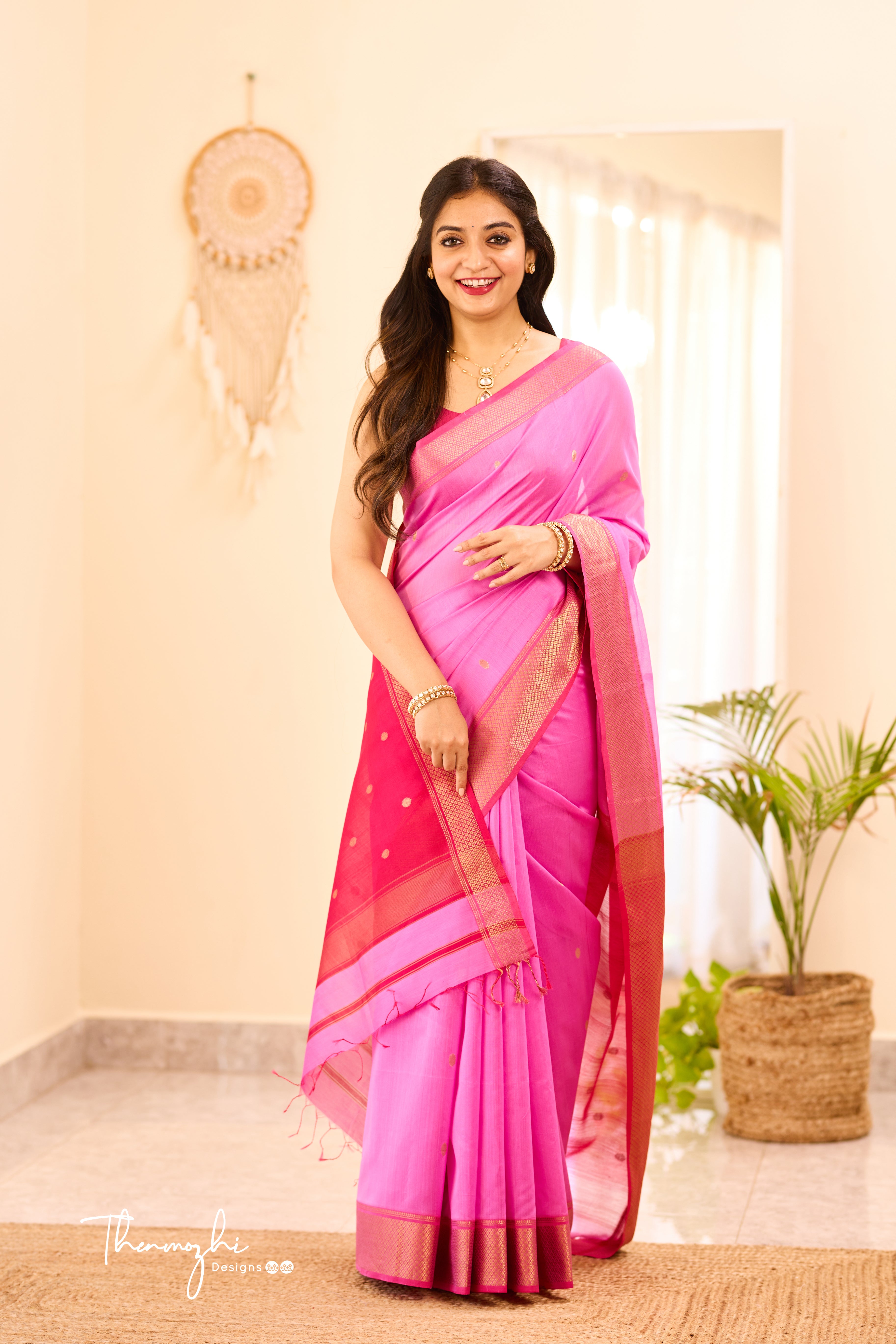 Light Pink Maheshwari Silk Cotton Handloom Saree