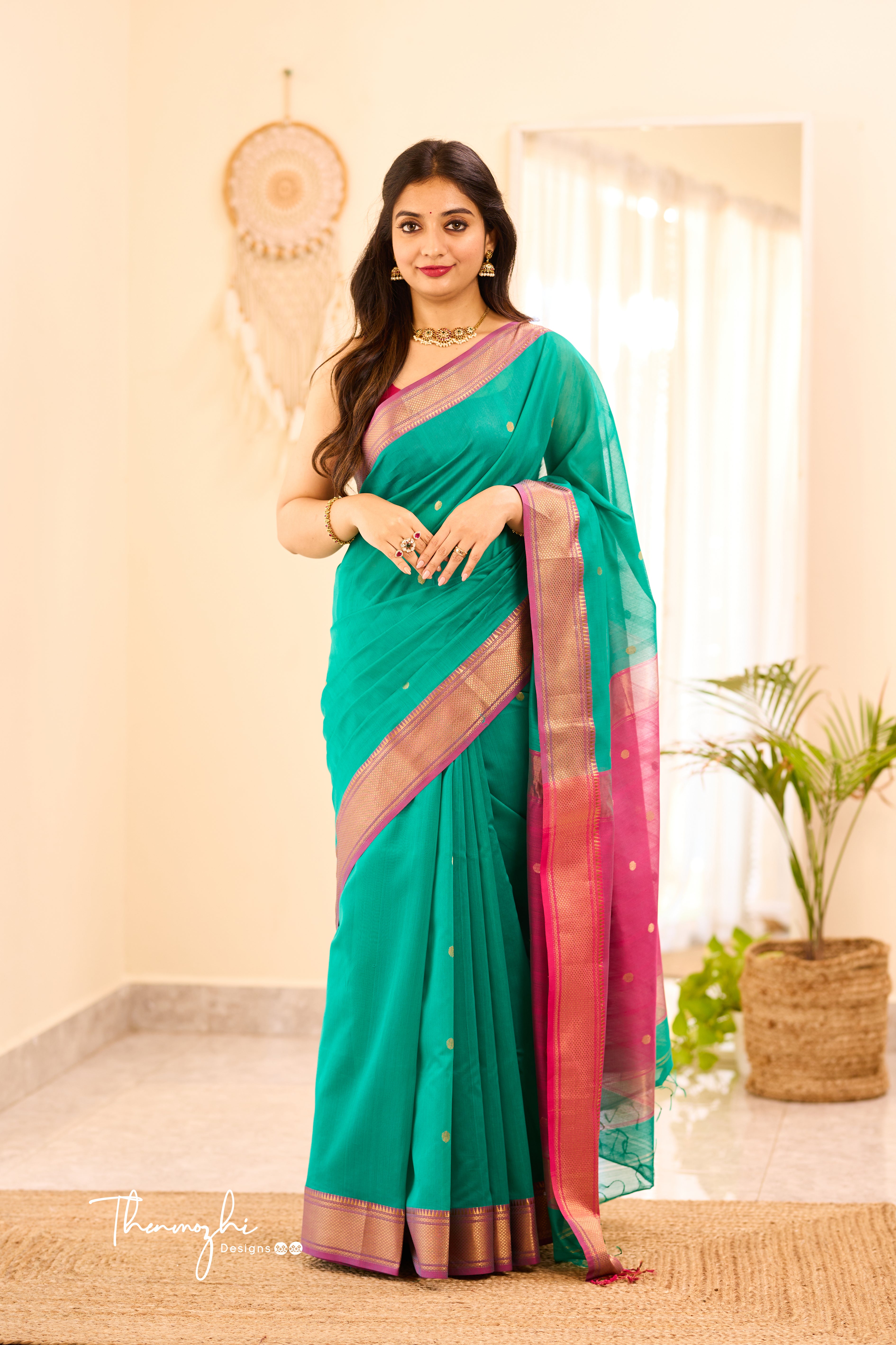 Pine Green Maheshwari Silk Cotton Handloom Saree