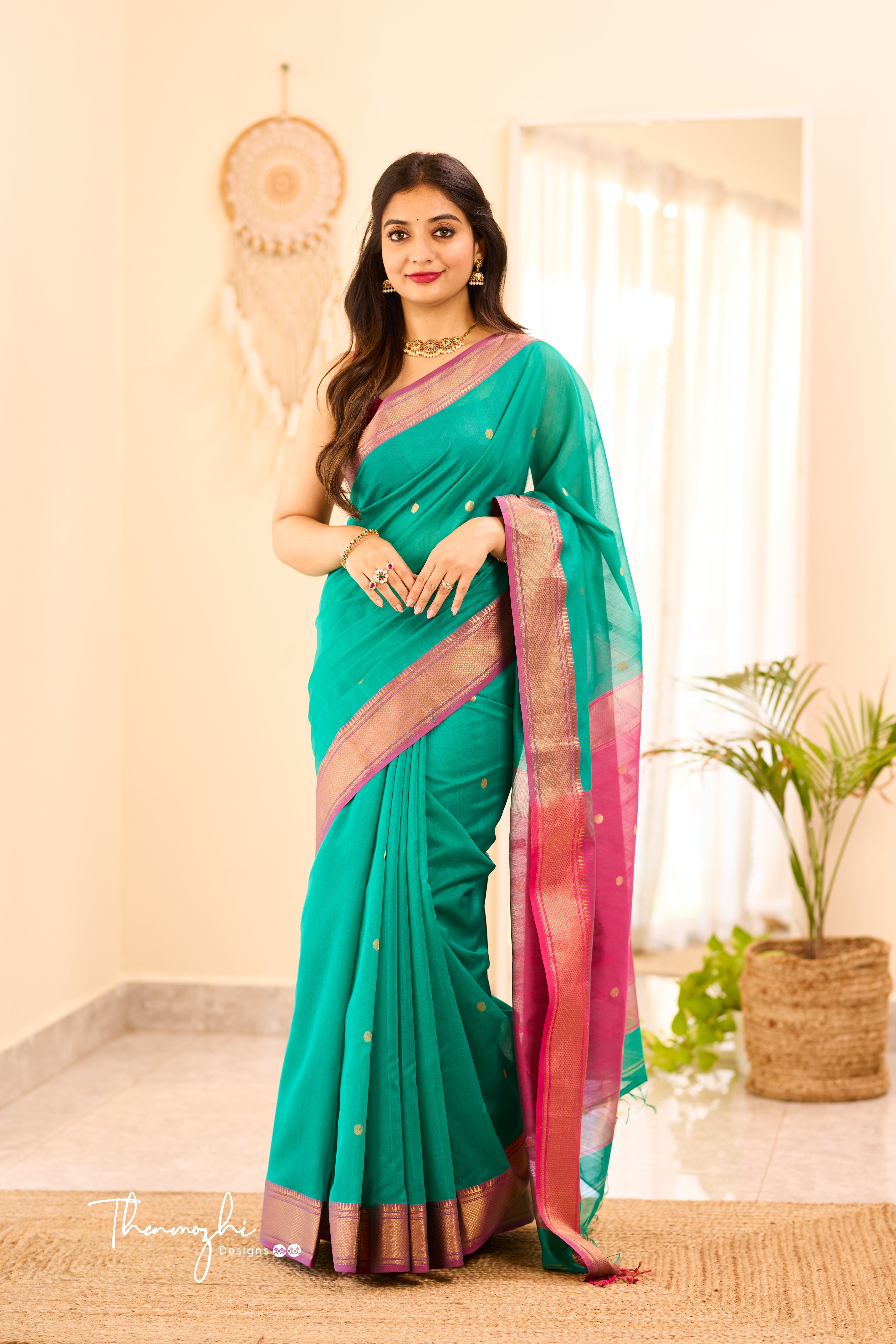 Pine Green Maheshwari Silk Cotton Handloom Saree