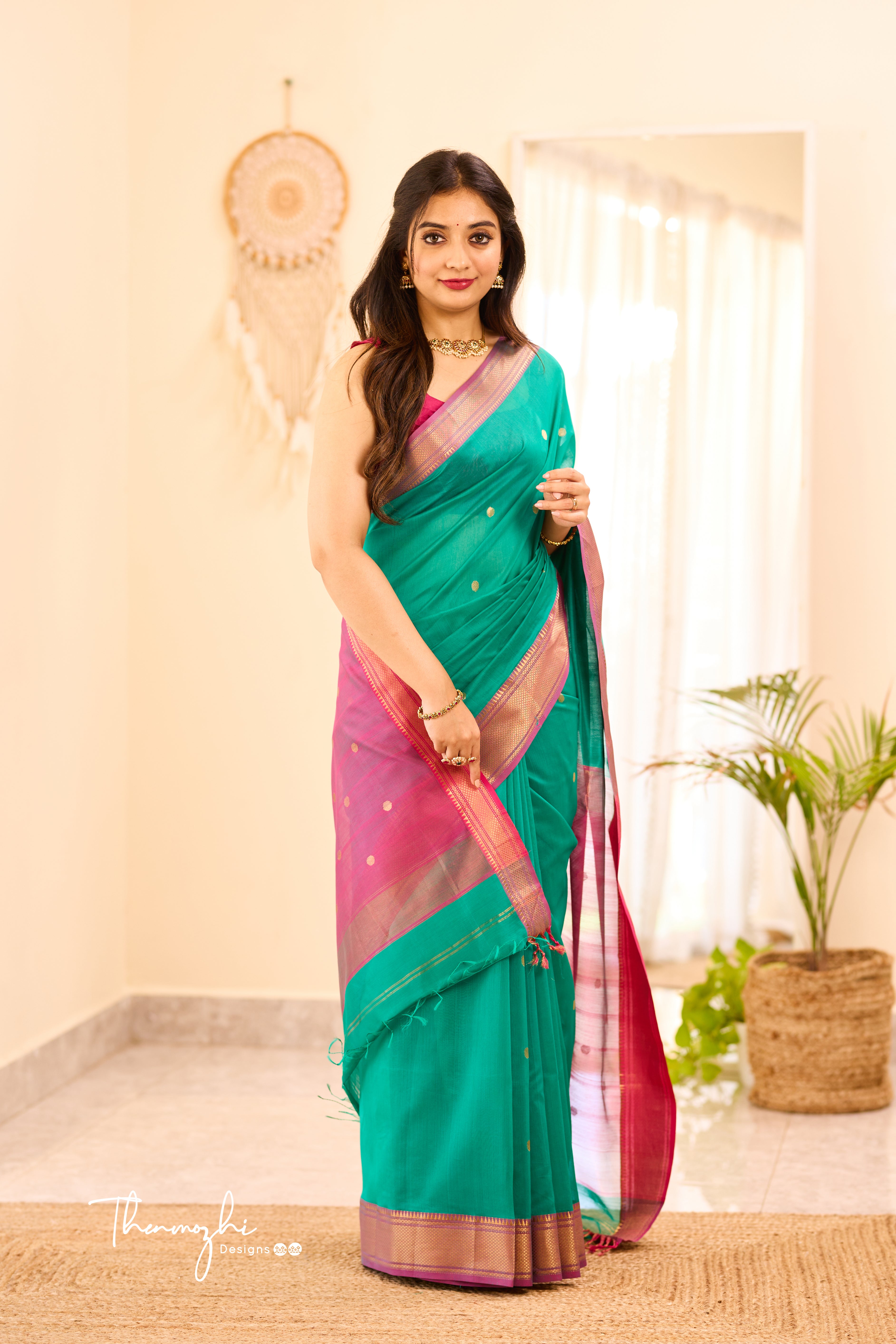 Pine Green Maheshwari Silk Cotton Handloom Saree