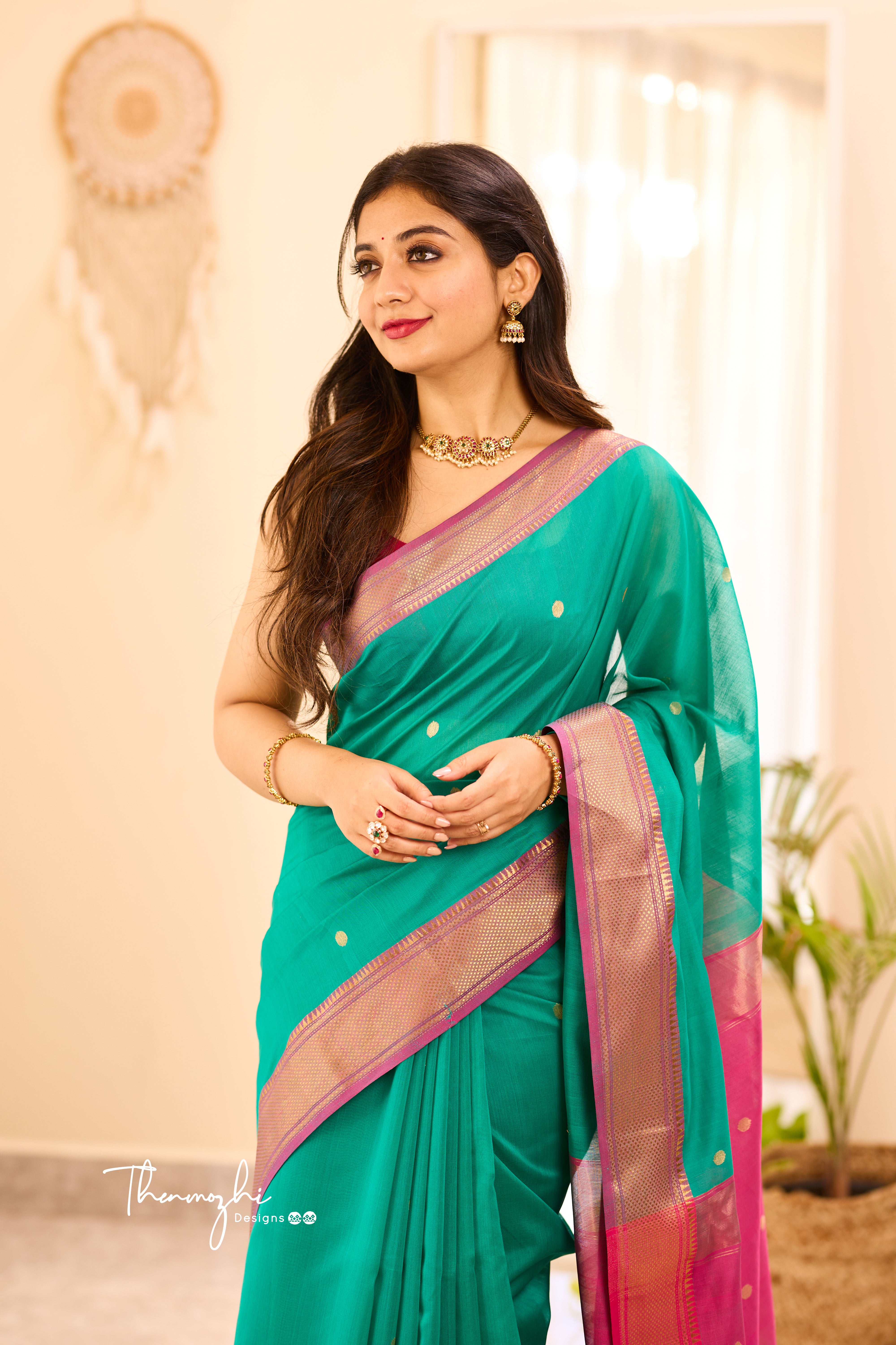 Pine Green Maheshwari Silk Cotton Handloom Saree