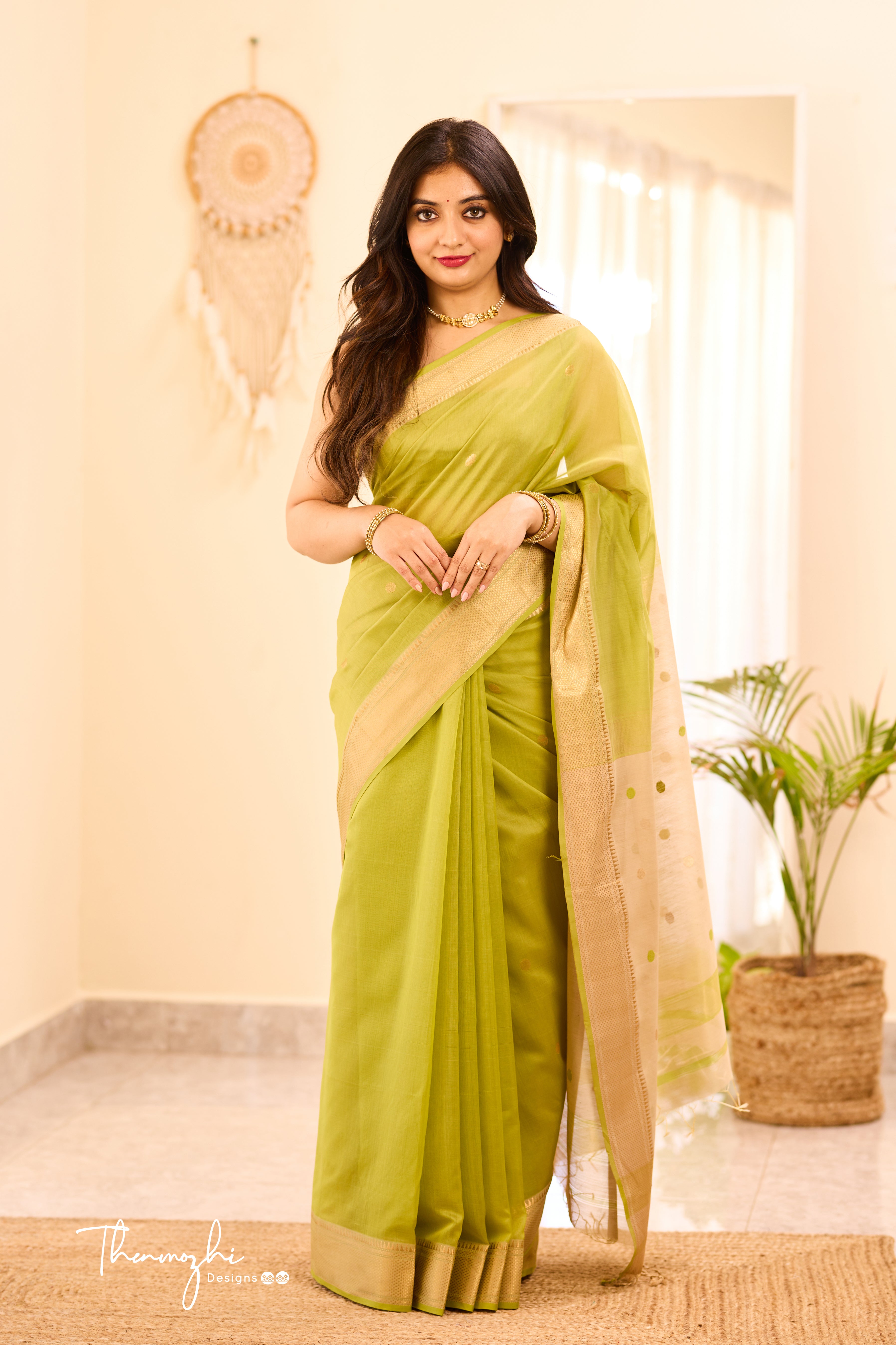 Light Green Maheshwari Silk Cotton Handloom Saree