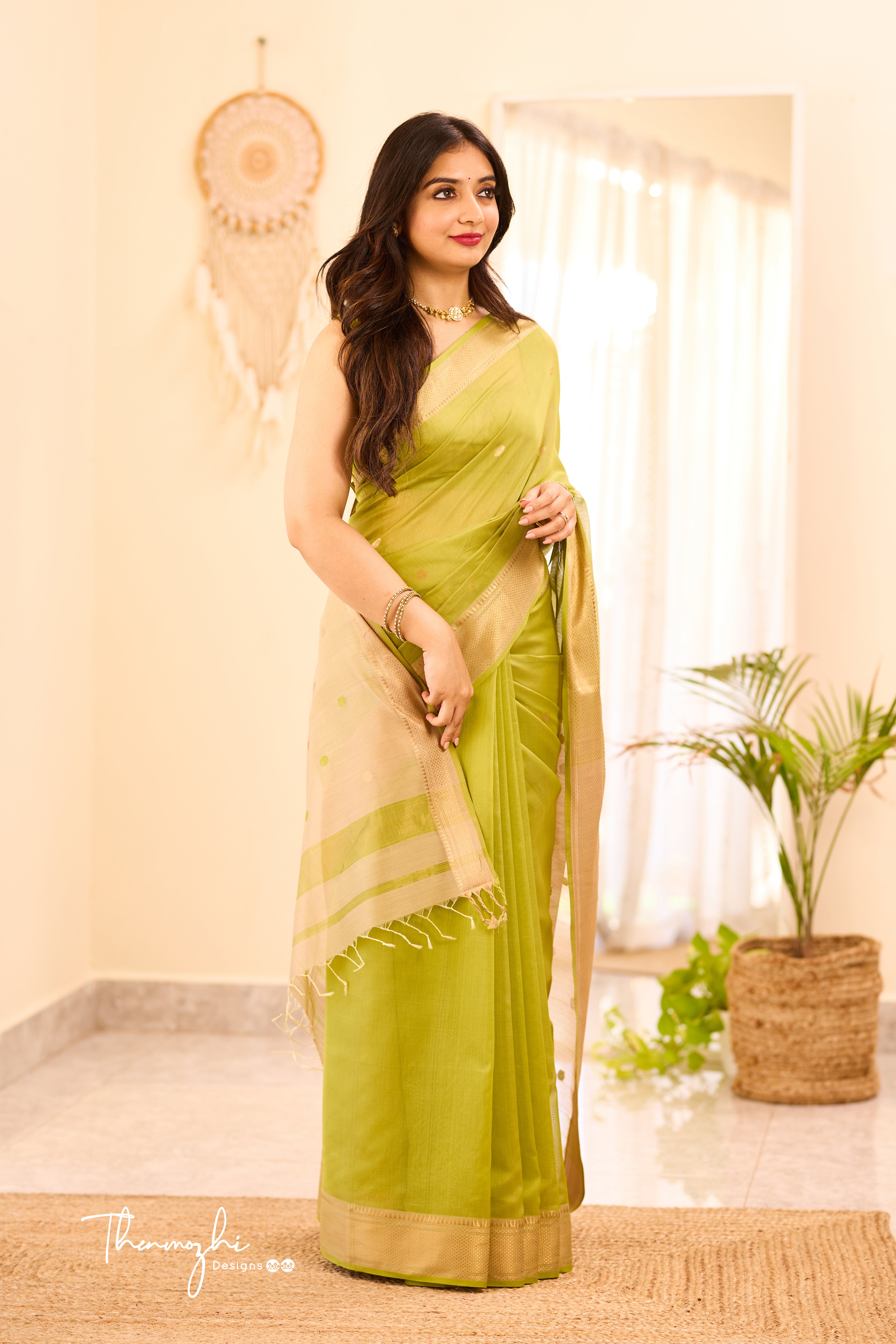 Light Green Maheshwari Silk Cotton Handloom Saree