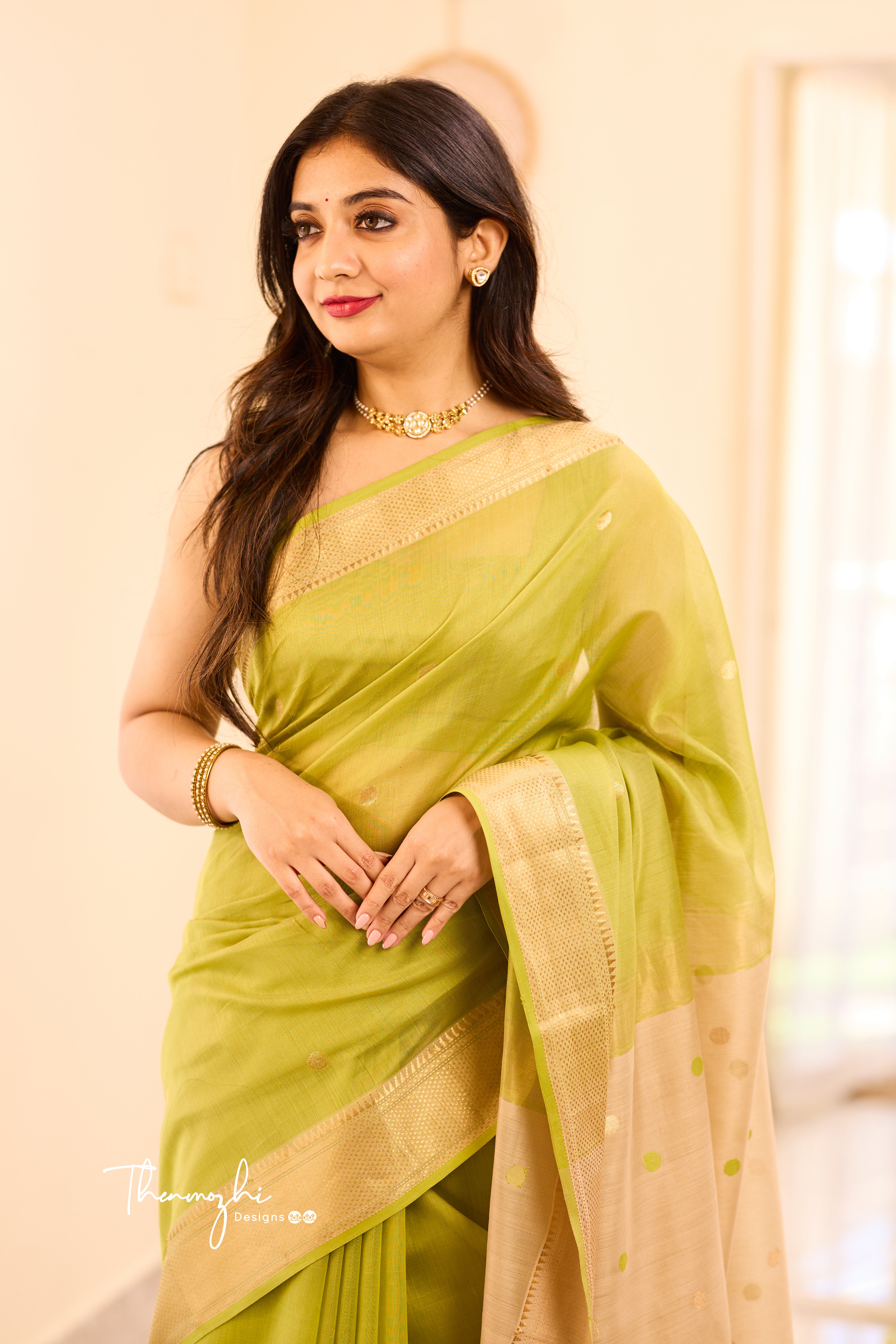 Light Green Maheshwari Silk Cotton Handloom Saree