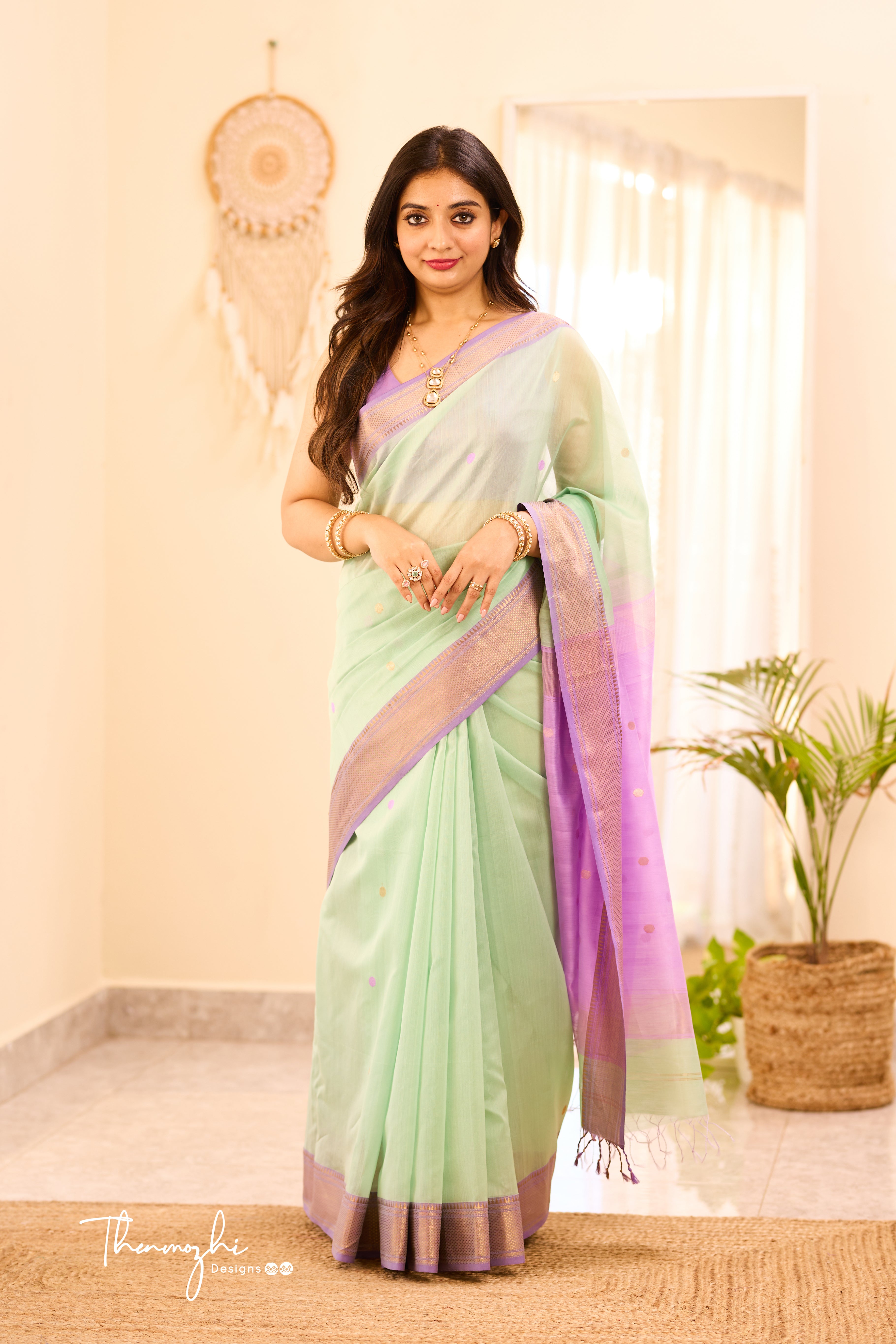 Pastel Green Maheshwari Silk Cotton Handloom Saree