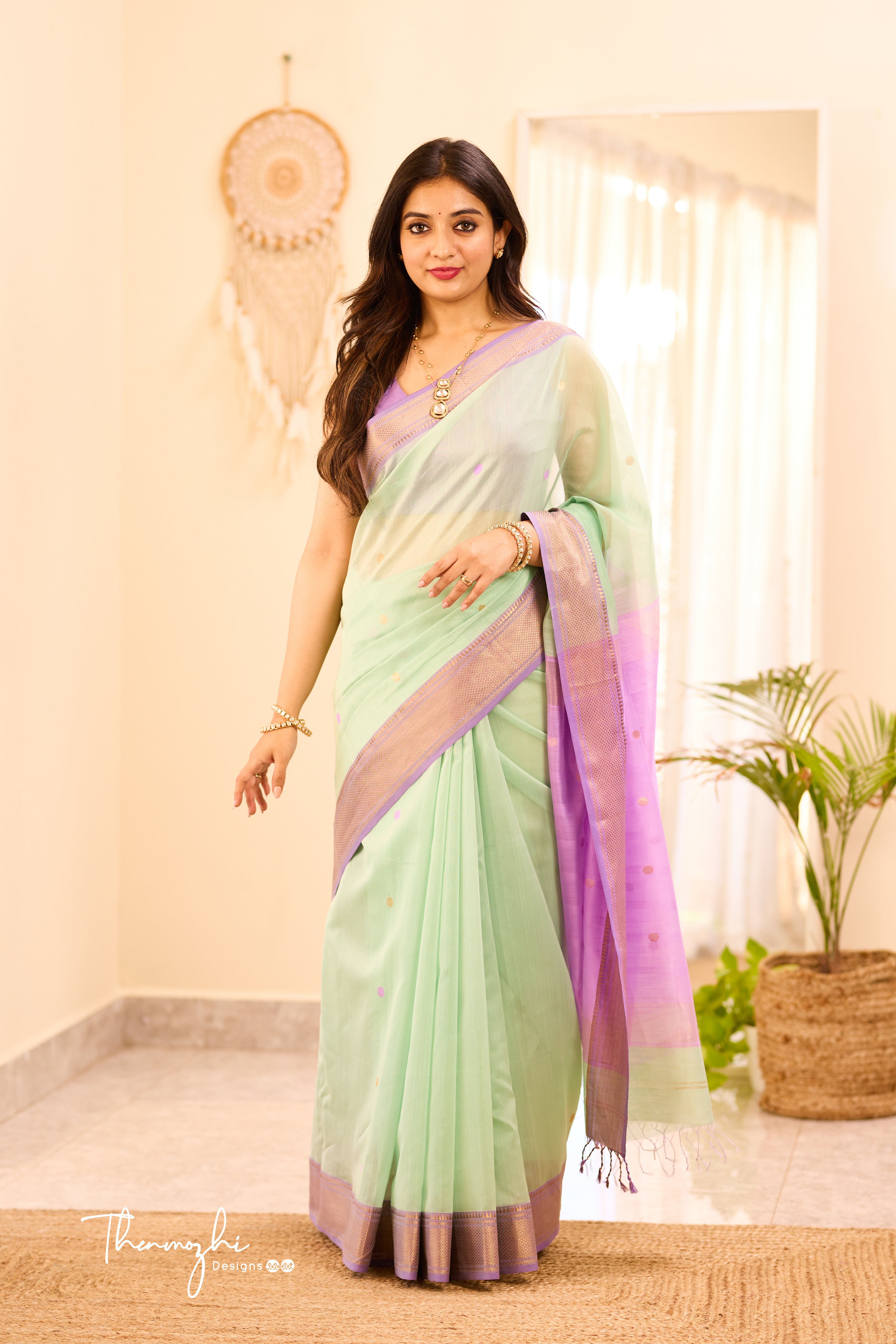 Pastel Green Maheshwari Silk Cotton Handloom Saree