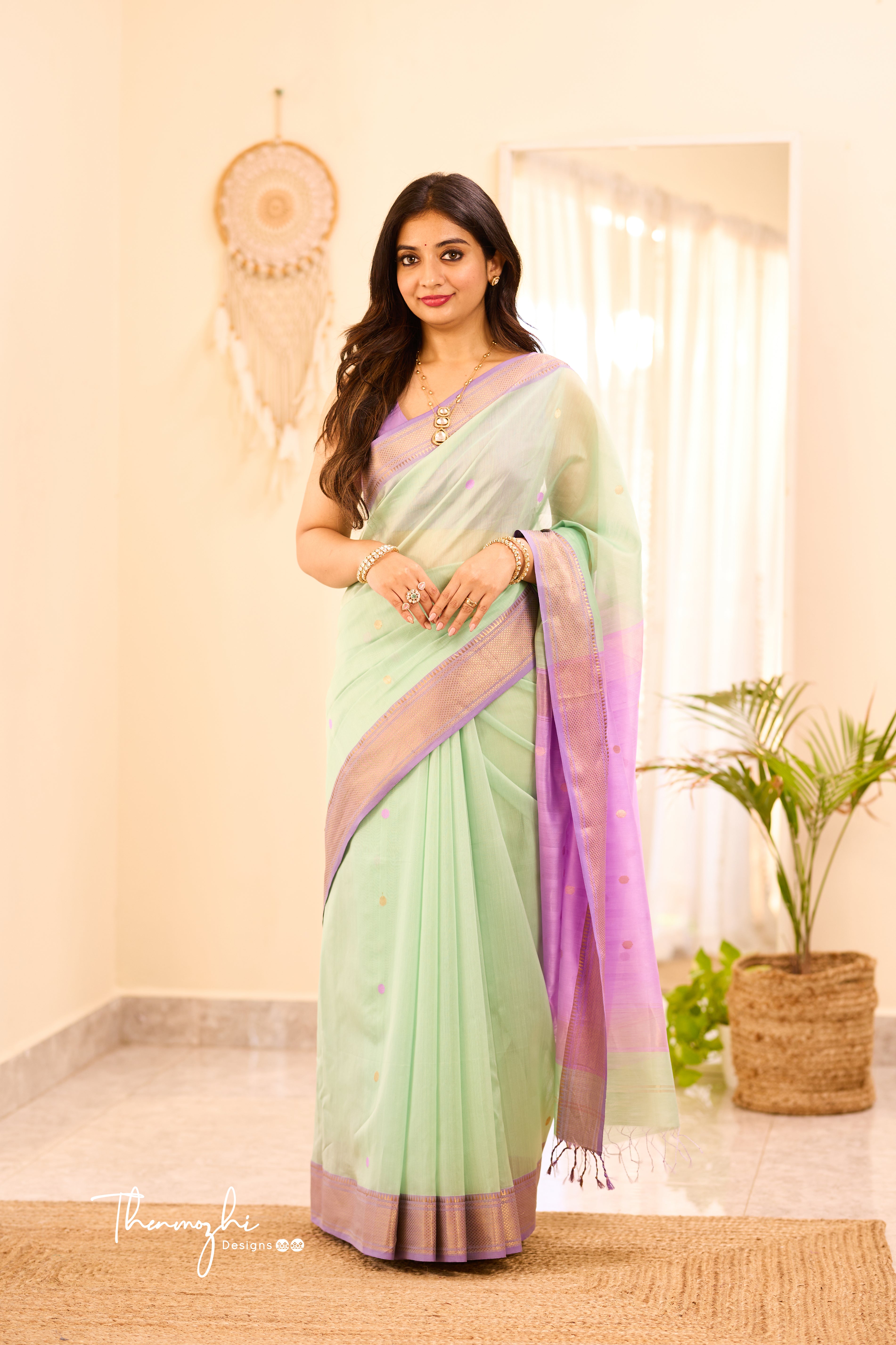 Pastel Green Maheshwari Silk Cotton Handloom Saree