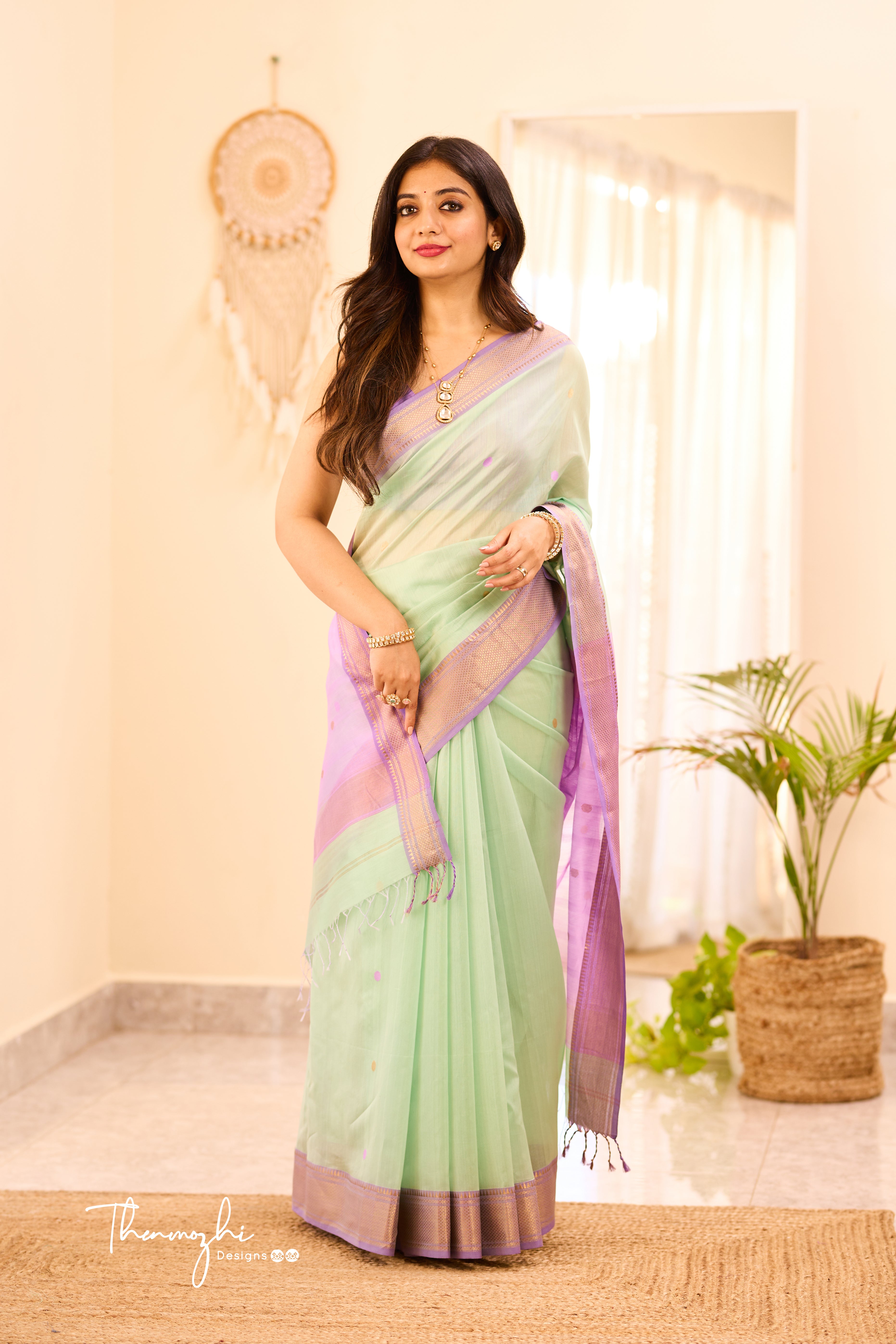 Pastel Green Maheshwari Silk Cotton Handloom Saree