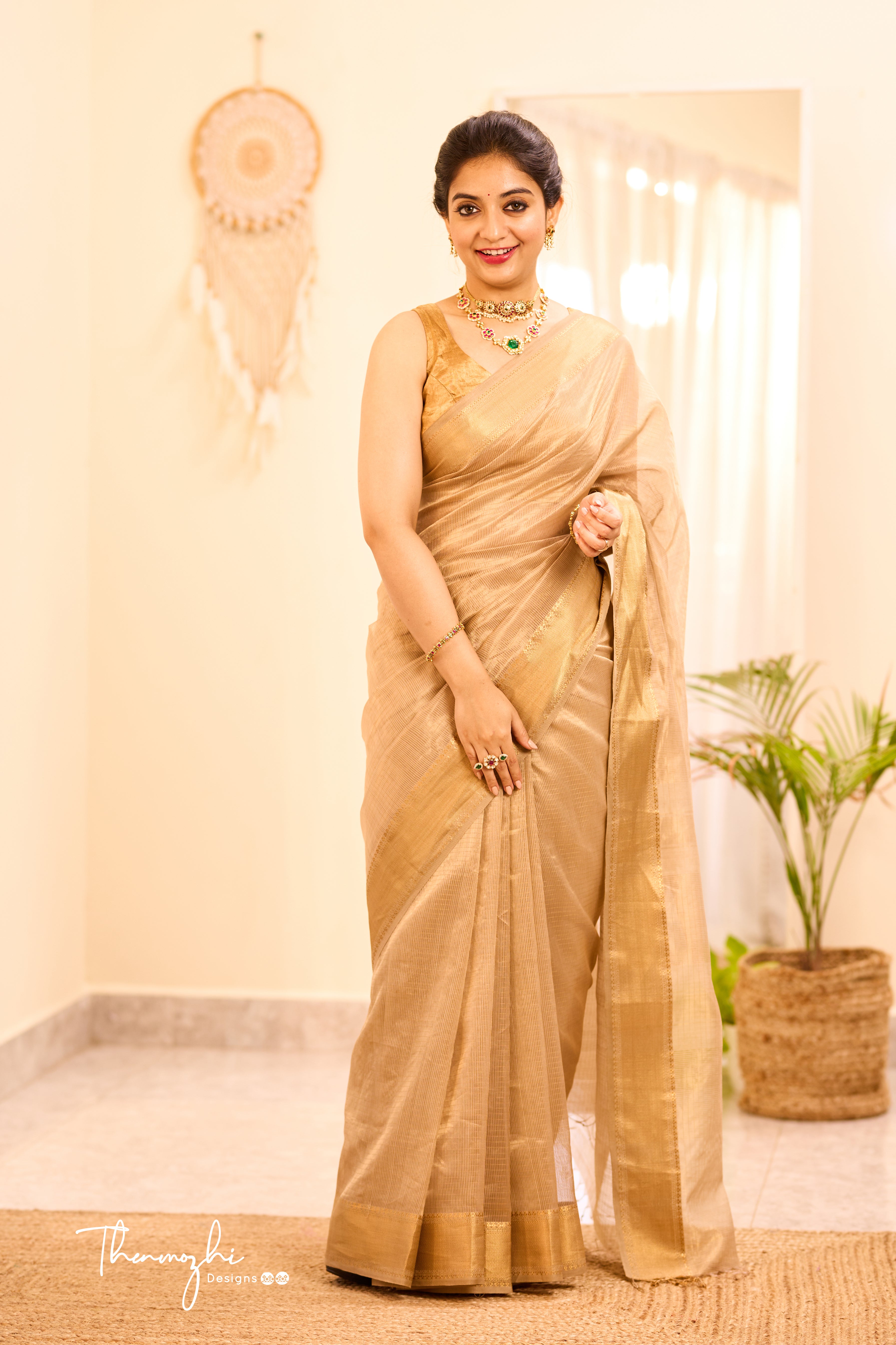 Golden Maheshwari Silk Cotton Handloom Saree