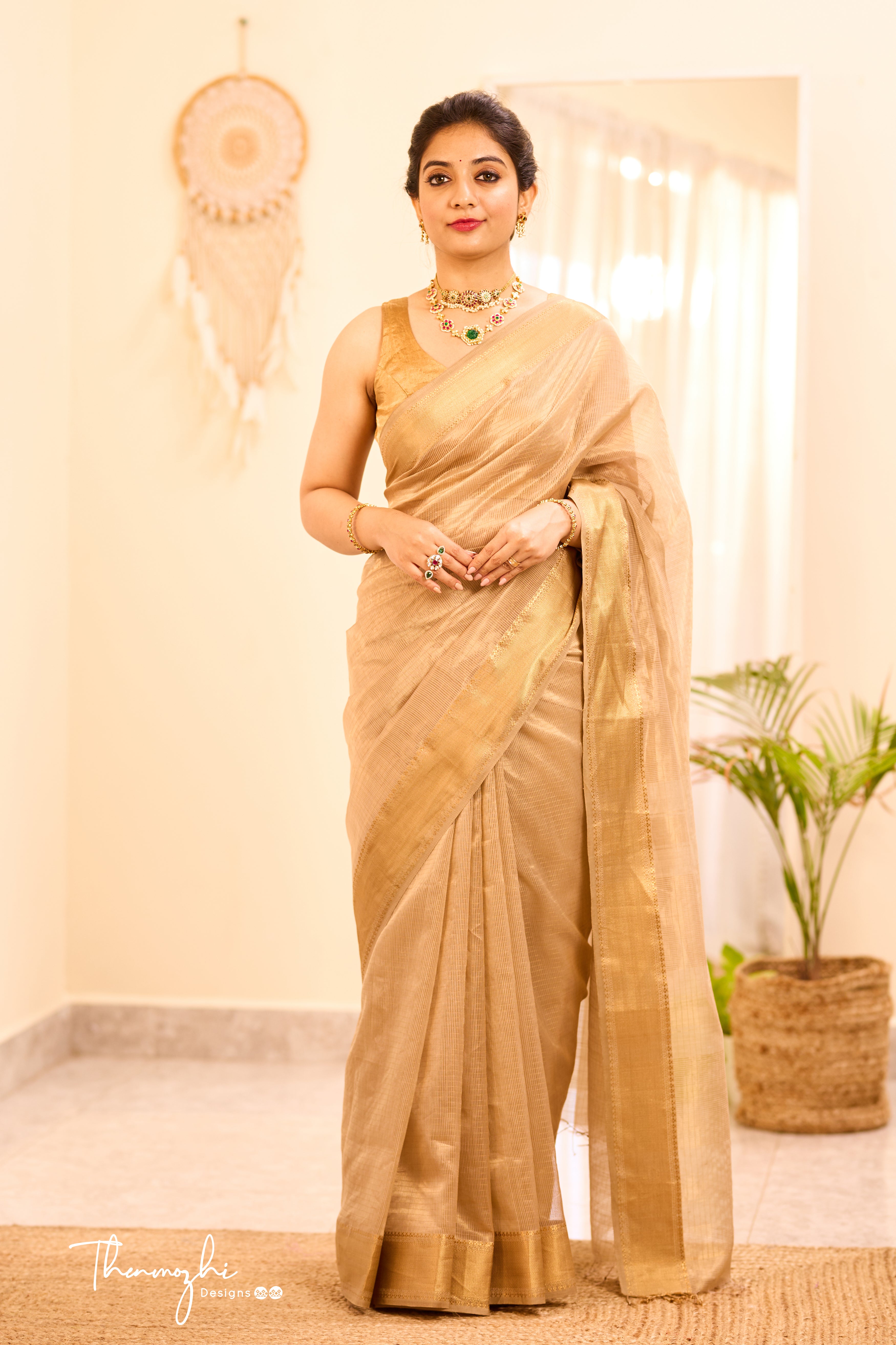 Golden Maheshwari Silk Cotton Handloom Saree