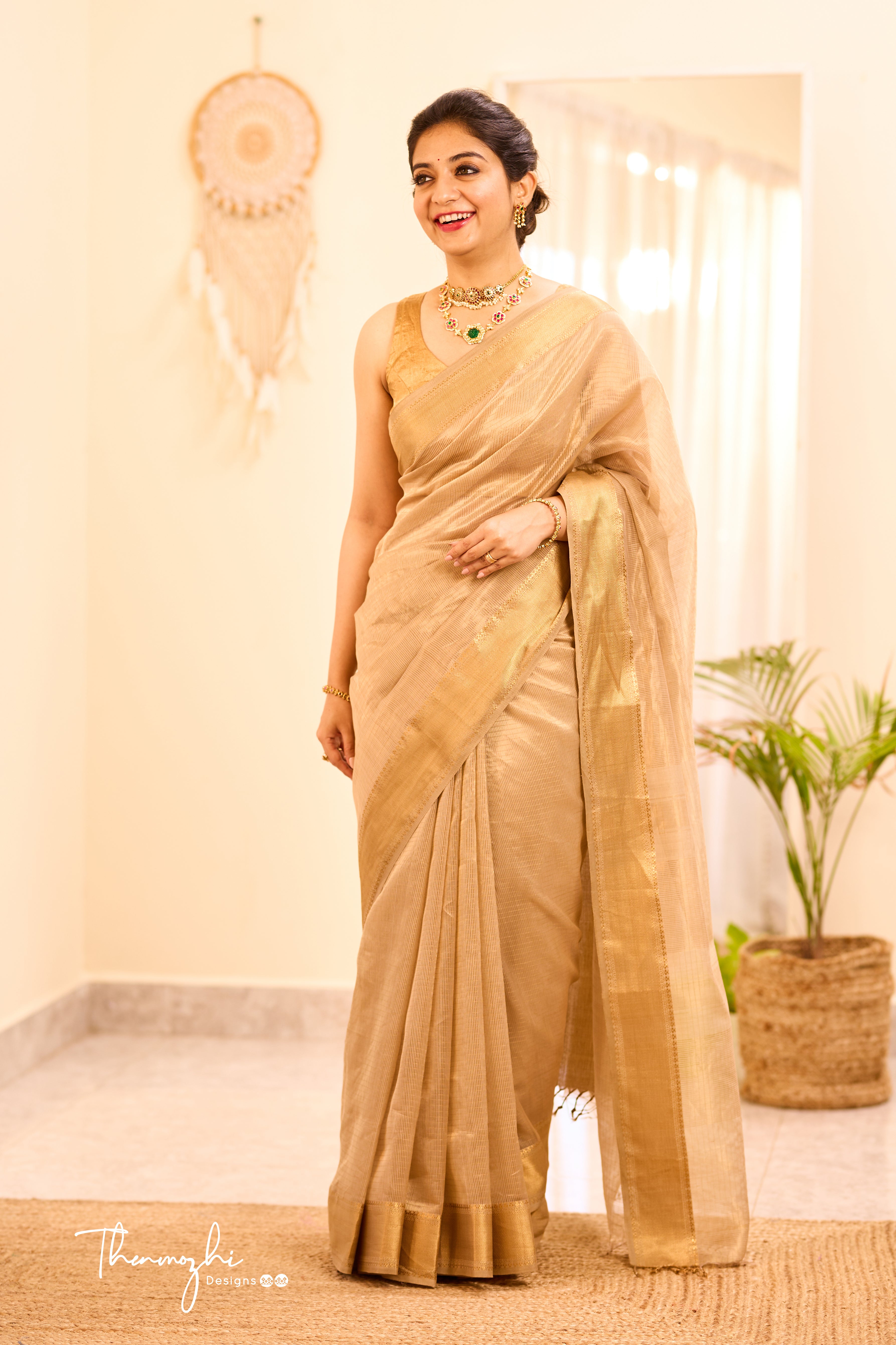 Golden Maheshwari Silk Cotton Handloom Saree