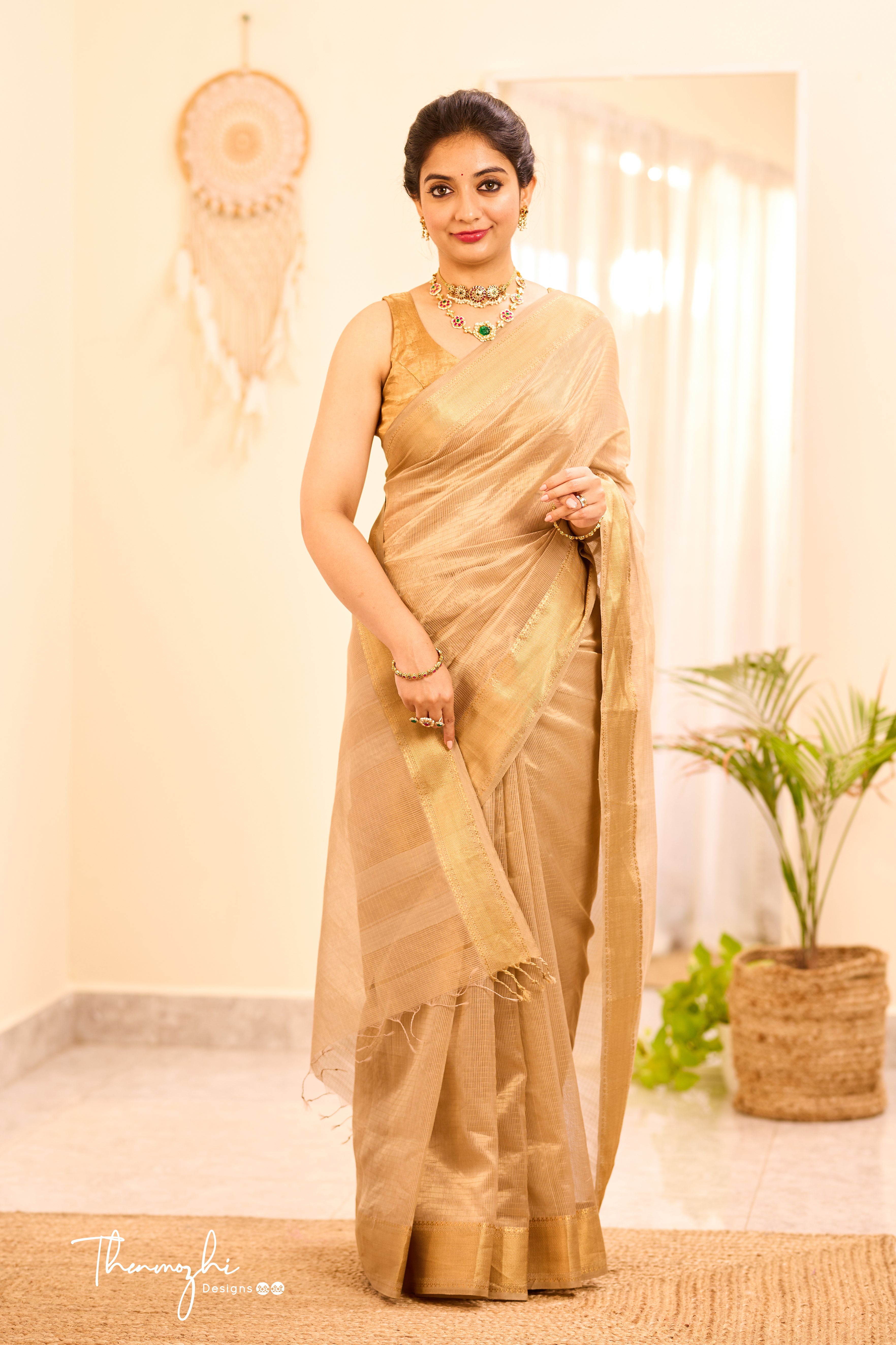 Golden Maheshwari Silk Cotton Handloom Saree