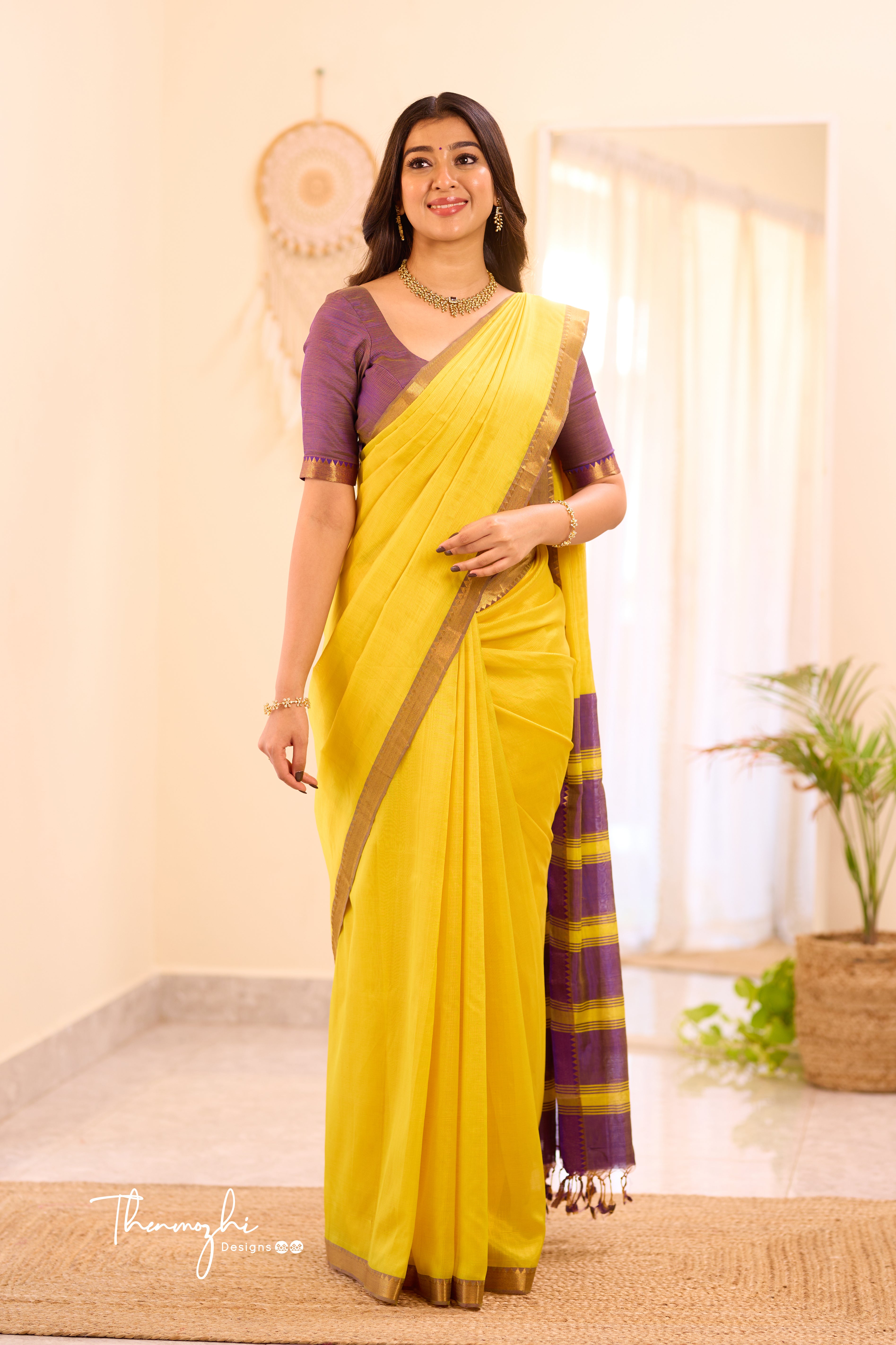 Yellow Mangalagiri Semi Silk Cotton Saree