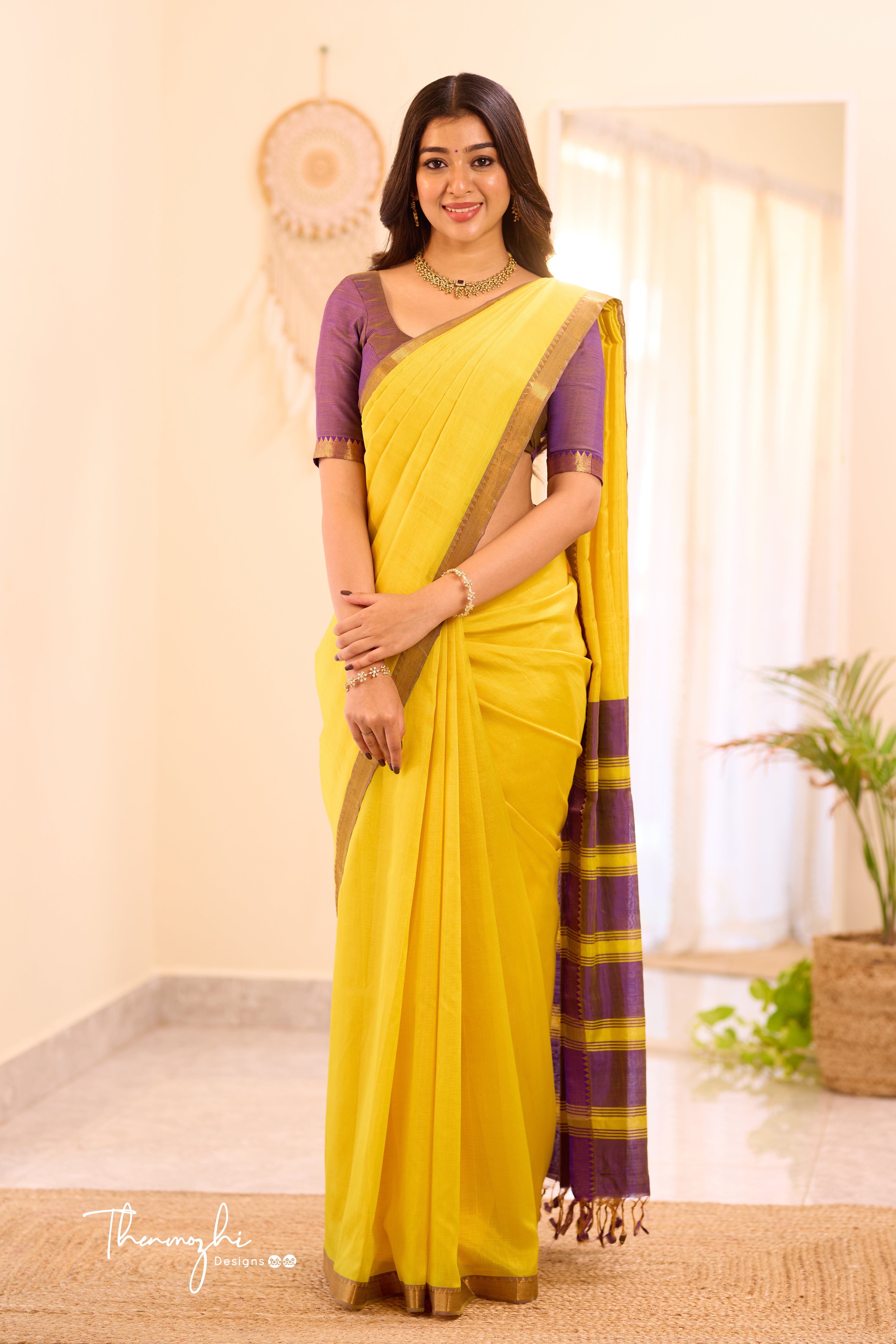 Yellow Mangalagiri Semi Silk Cotton Saree