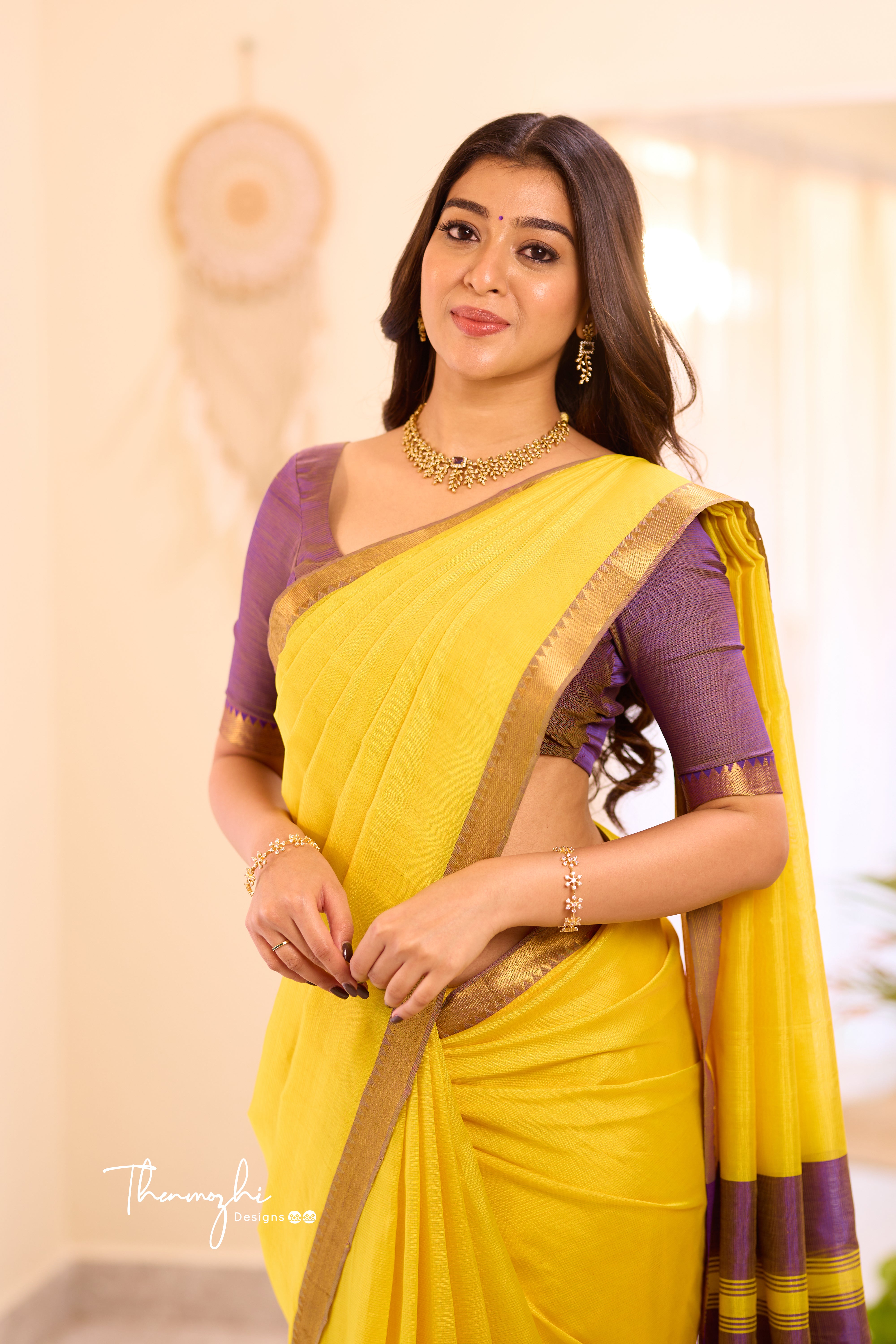 Yellow Mangalagiri Semi Silk Cotton Saree