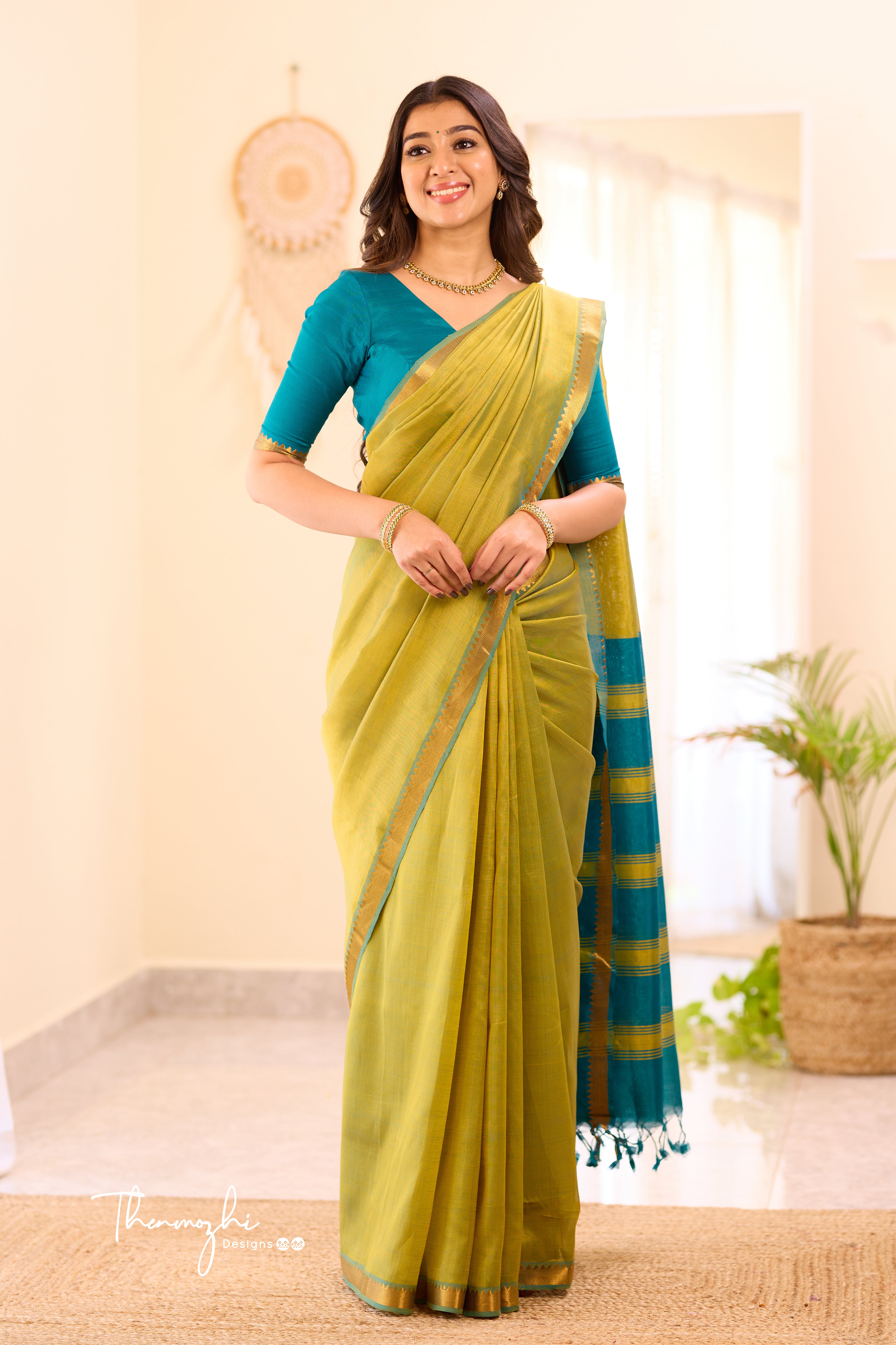 Light Green and Blue Mangalagiri Semi Silk Cotton Saree