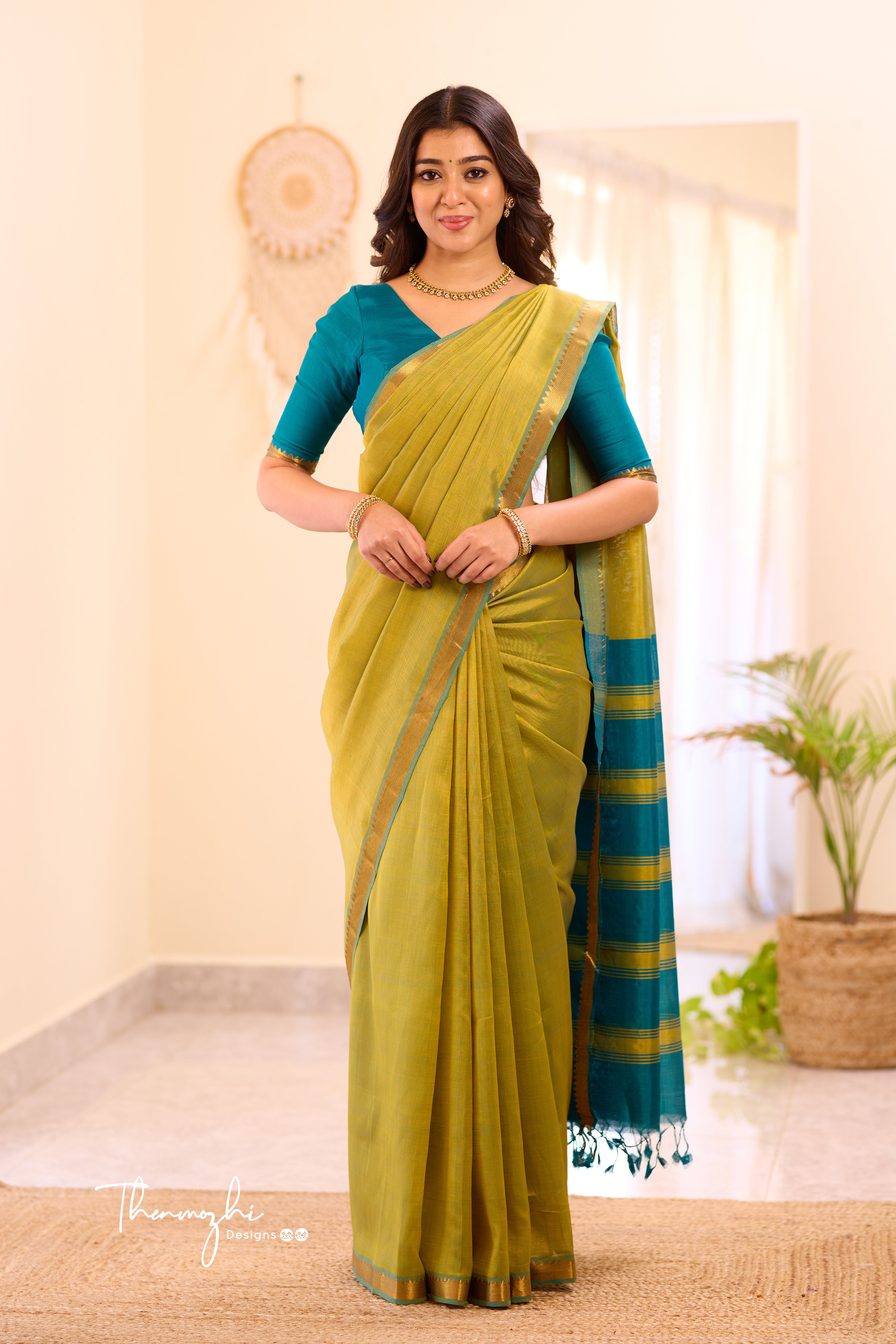 Light Green and Blue Mangalagiri Semi Silk Cotton Saree