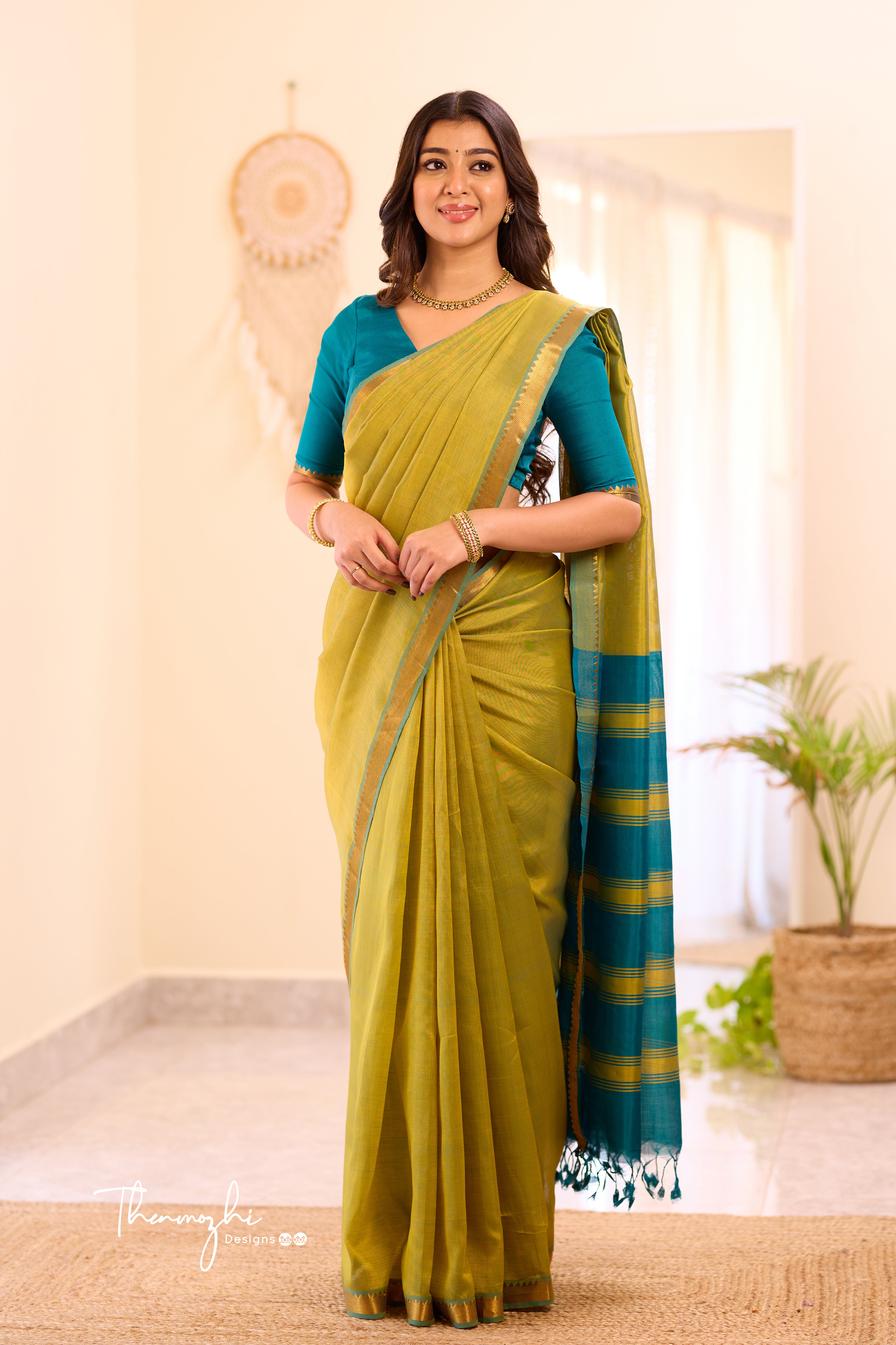 Light Green and Blue Mangalagiri Semi Silk Cotton Saree