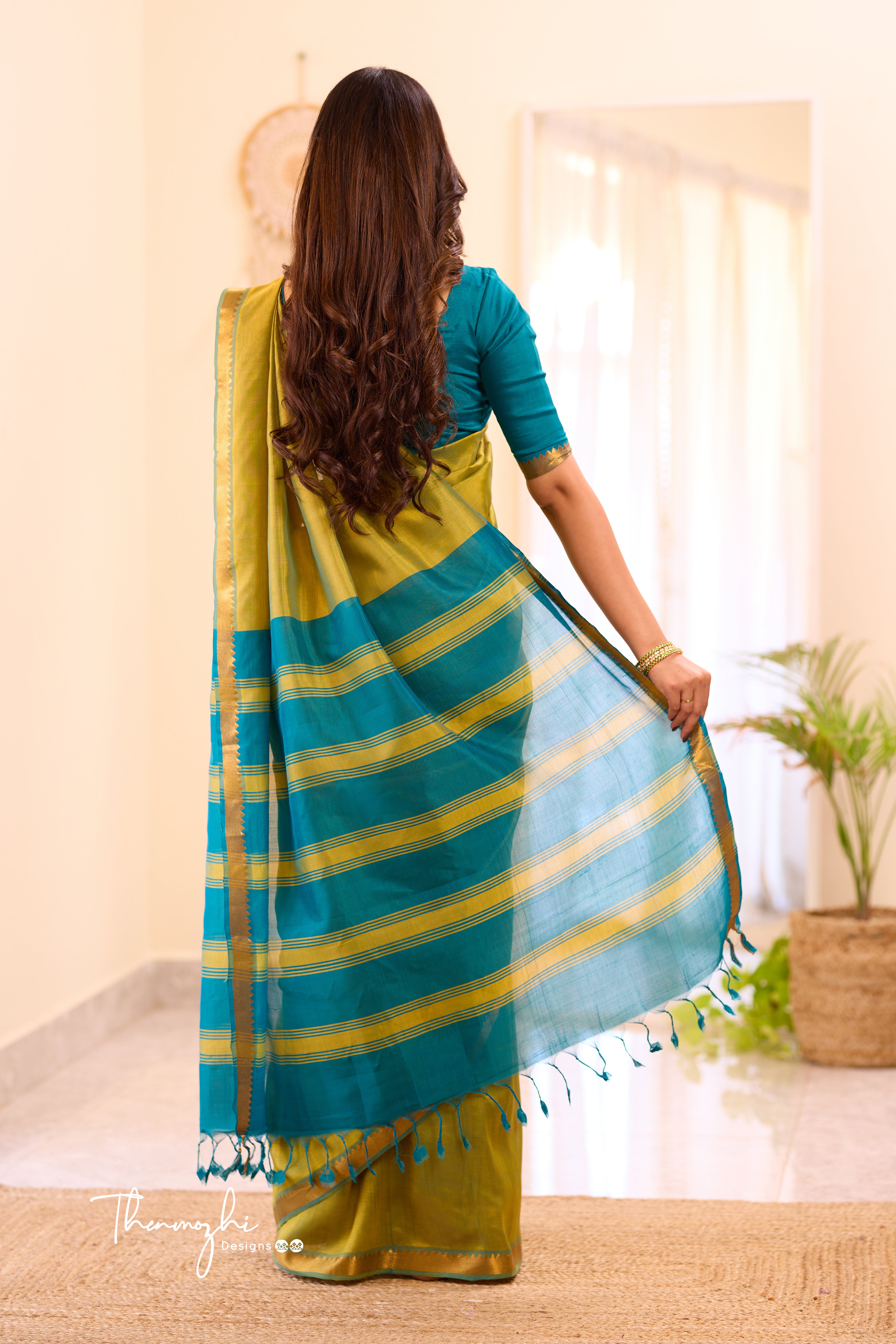 Light Green and Blue Mangalagiri Semi Silk Cotton Saree