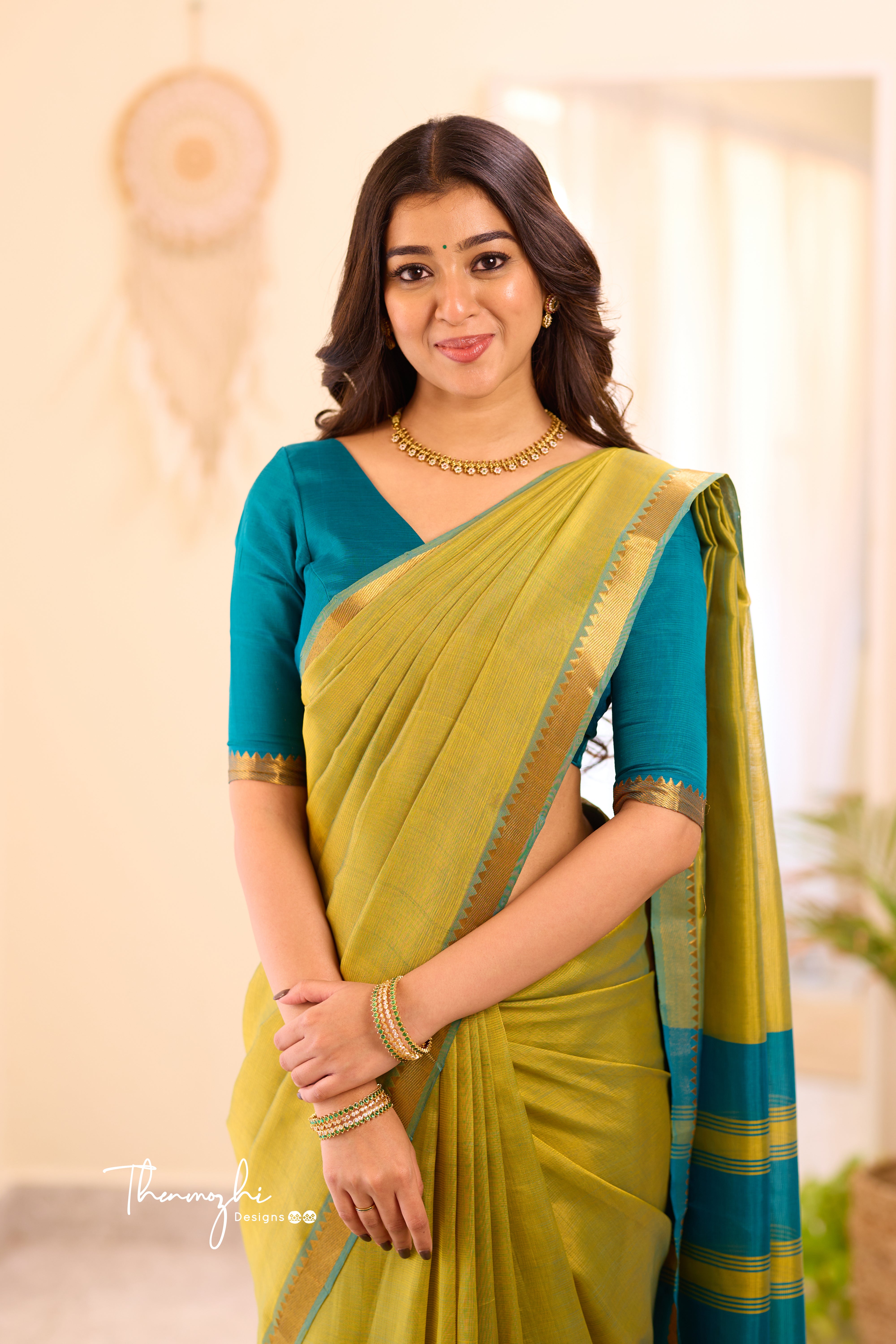 Light Green and Blue Mangalagiri Semi Silk Cotton Saree