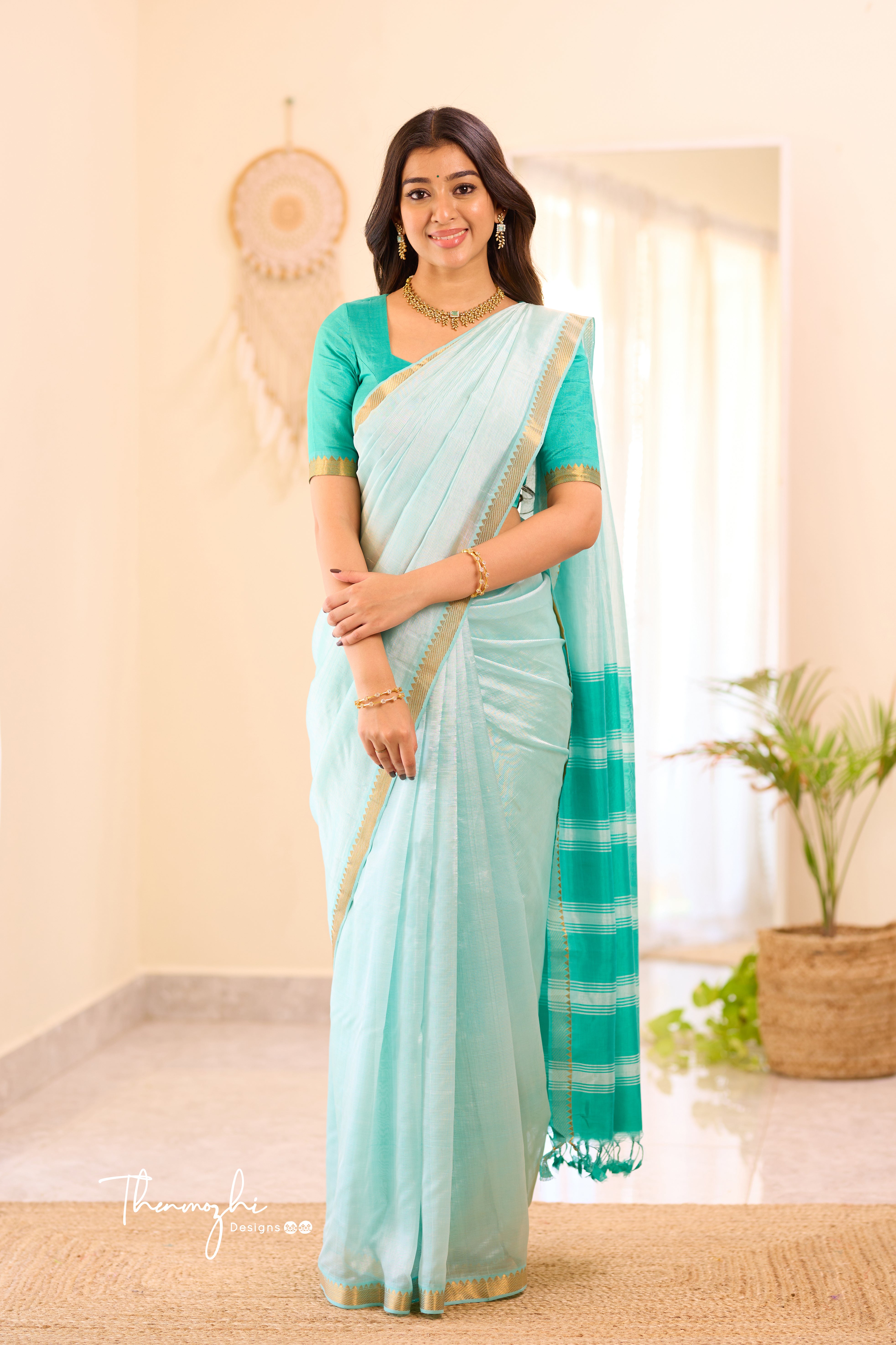 Turquoise Mangalagiri Semi Silk Cotton Saree