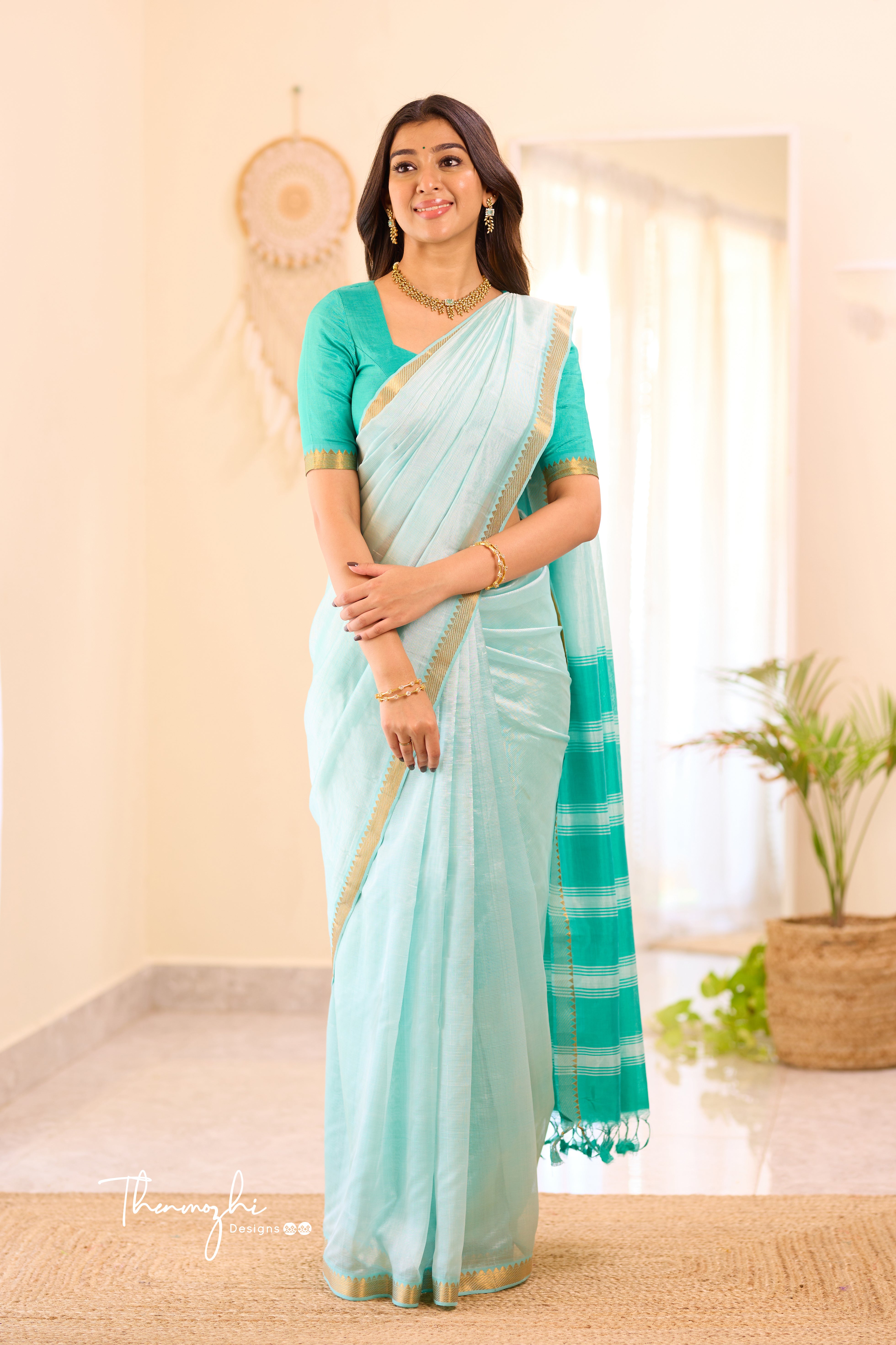 Turquoise Mangalagiri Semi Silk Cotton Saree