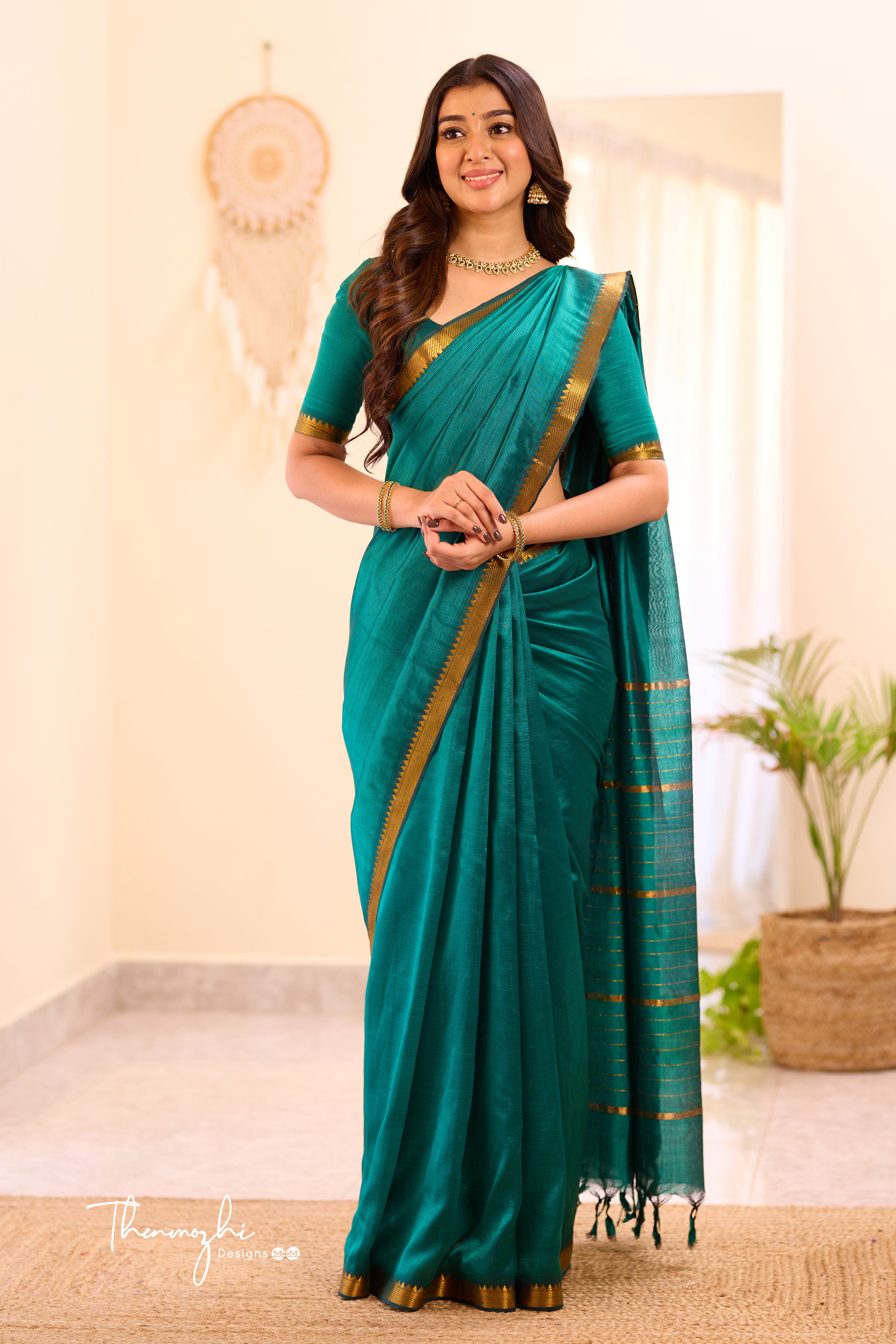 Dark Green Mangalagiri Semi Silk Cotton Saree