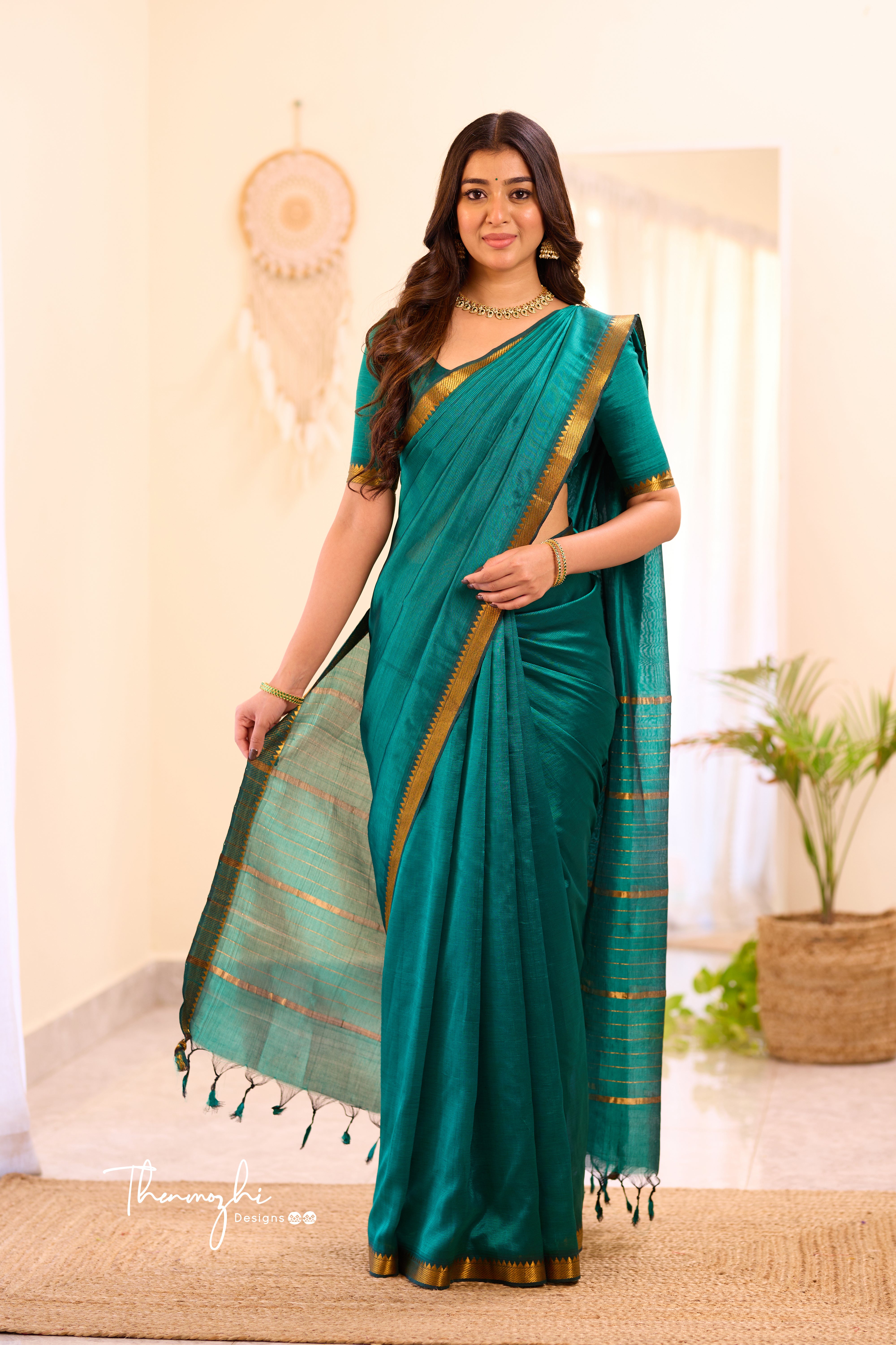 Dark Green Mangalagiri Semi Silk Cotton Saree