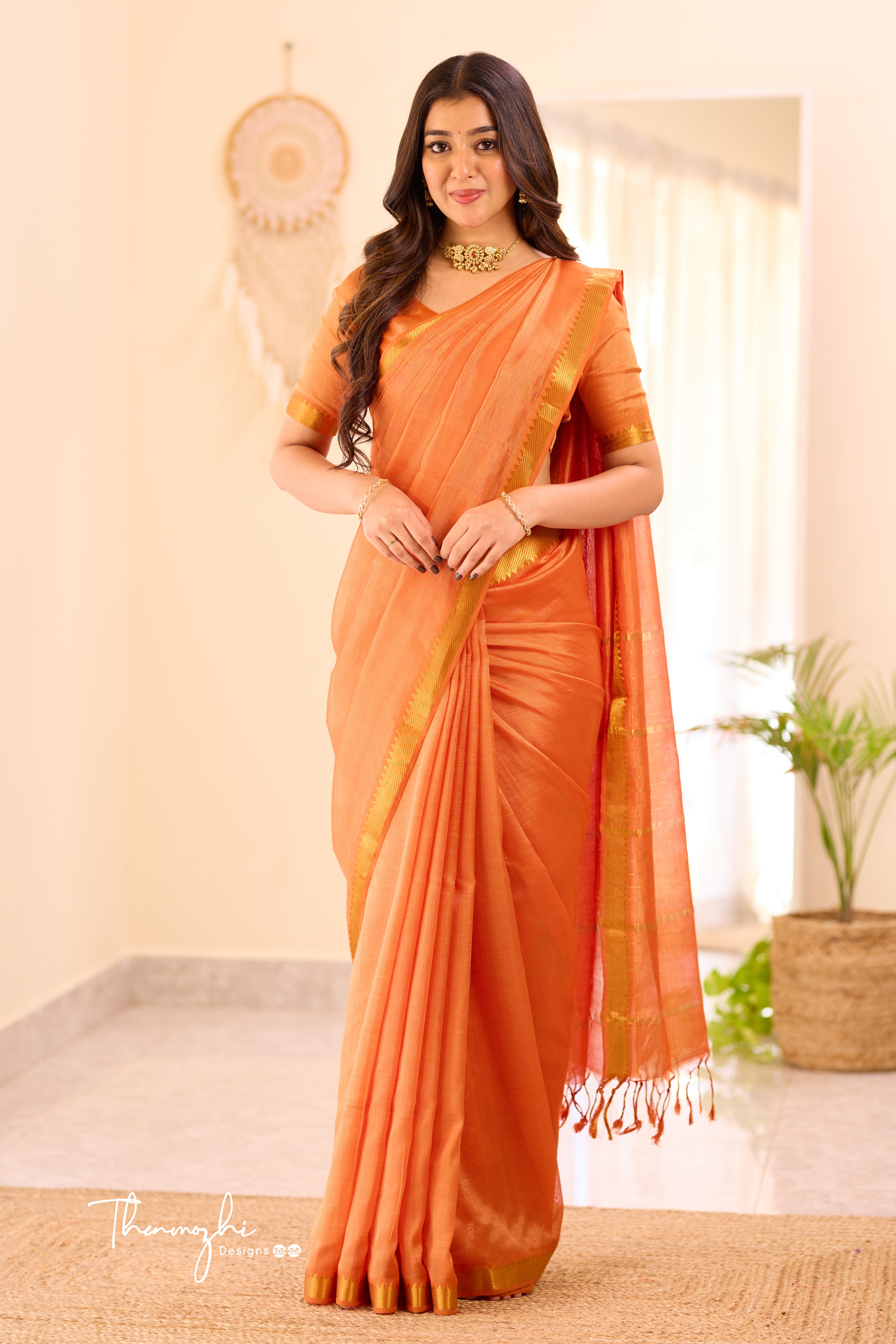 Orange Mangalagiri Semi Silk Cotton Saree