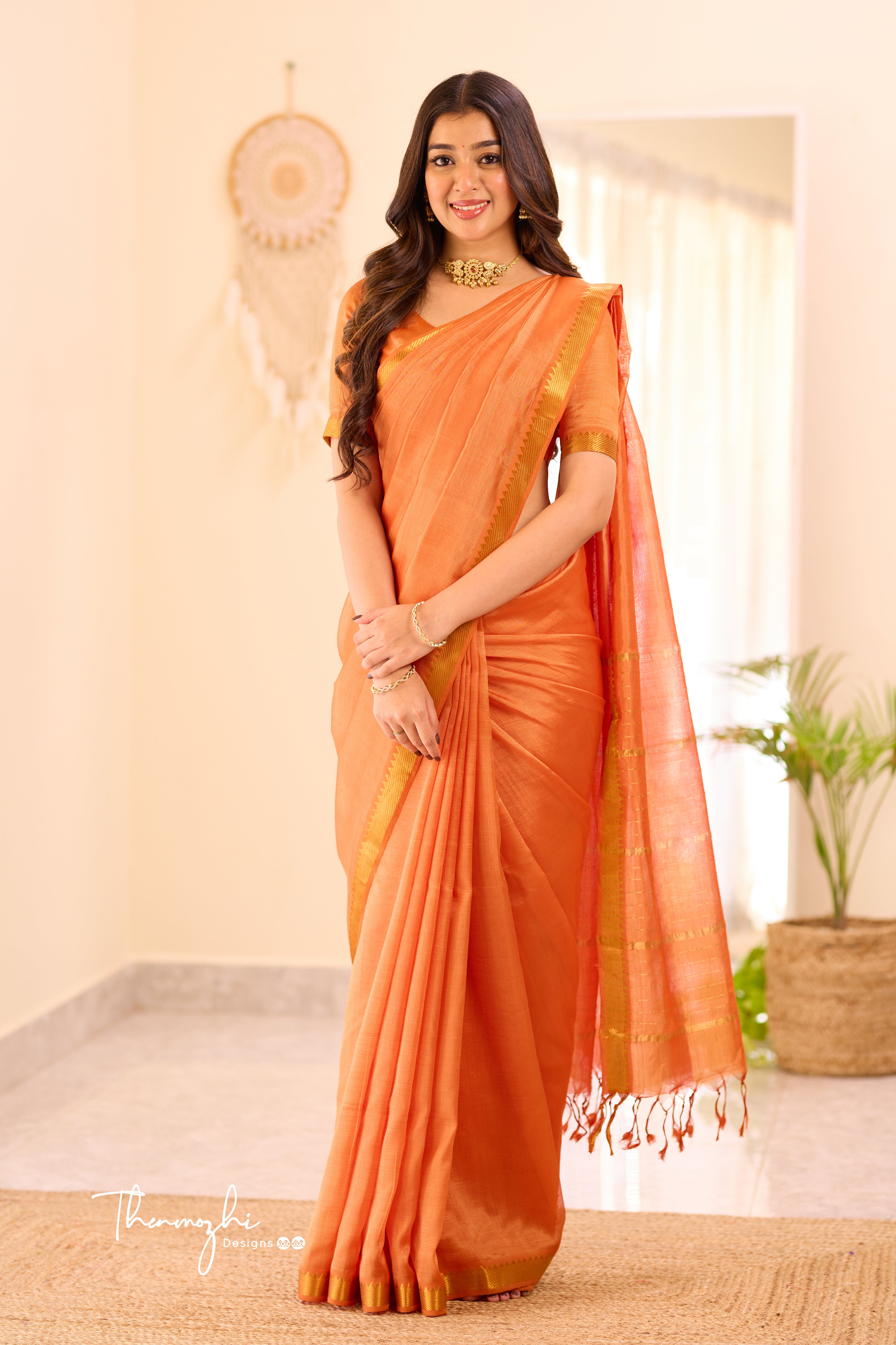 Orange Mangalagiri Semi Silk Cotton Saree