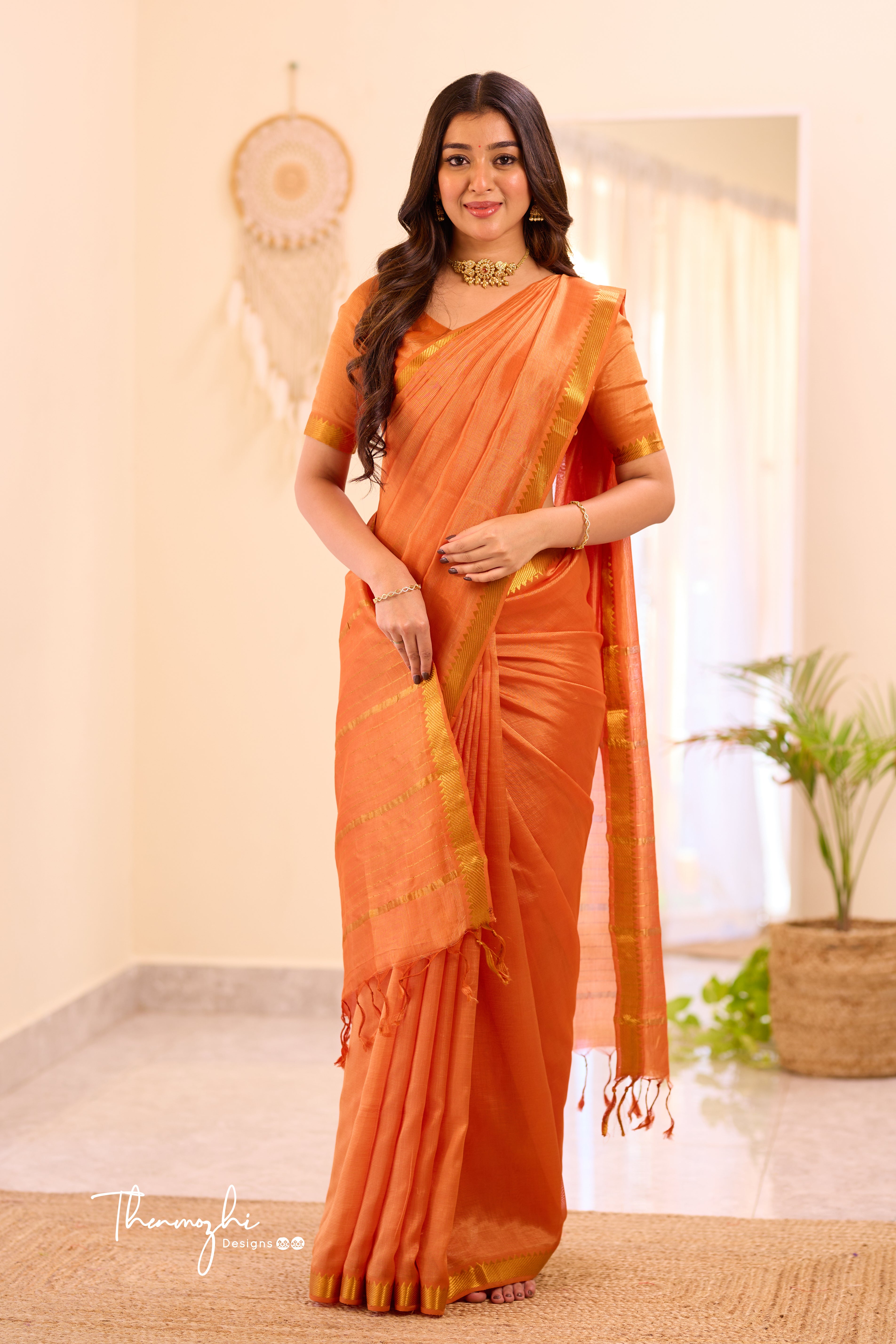 Orange Mangalagiri Semi Silk Cotton Saree