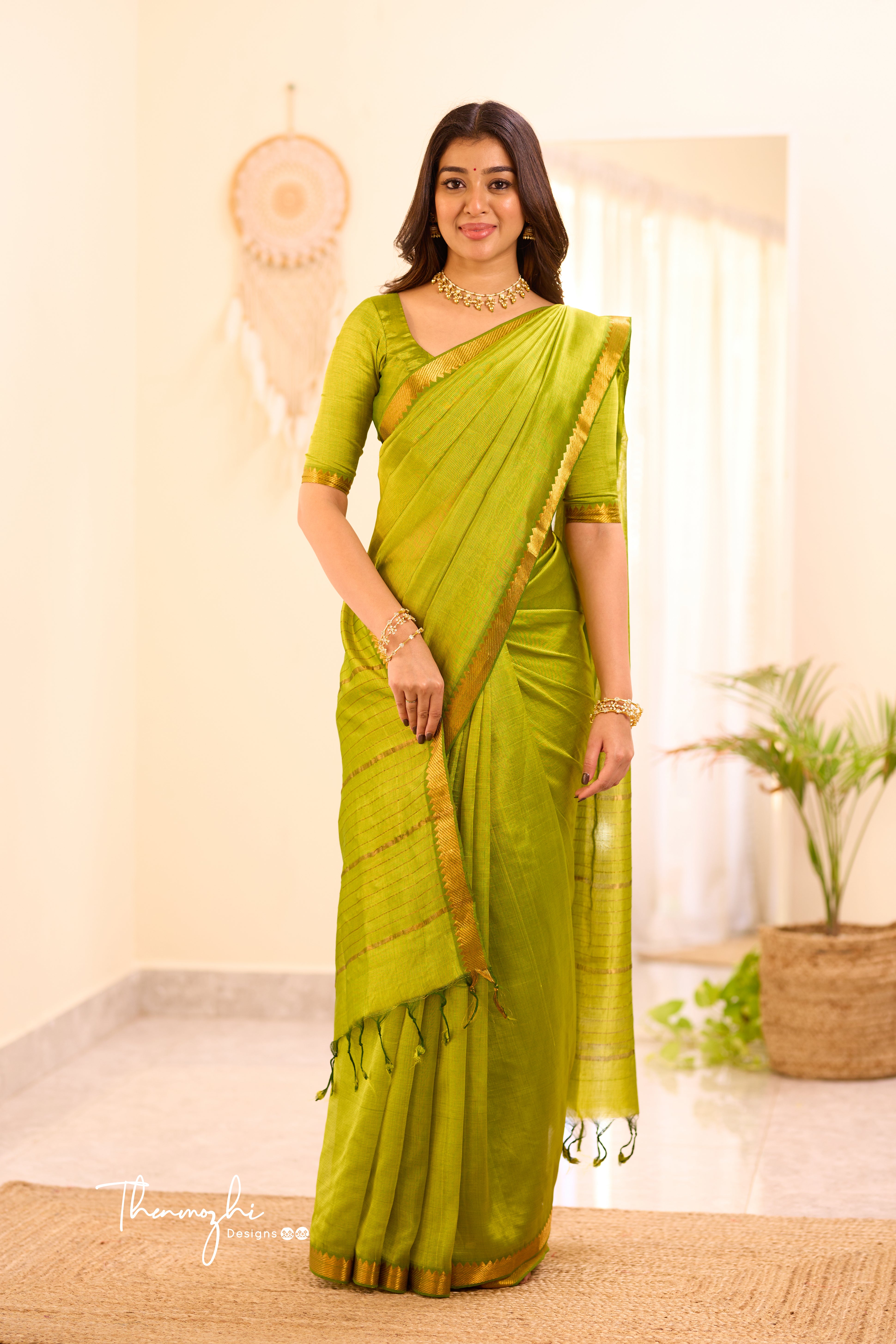 Parrot Green Mangalagiri Semi Silk Cotton Saree