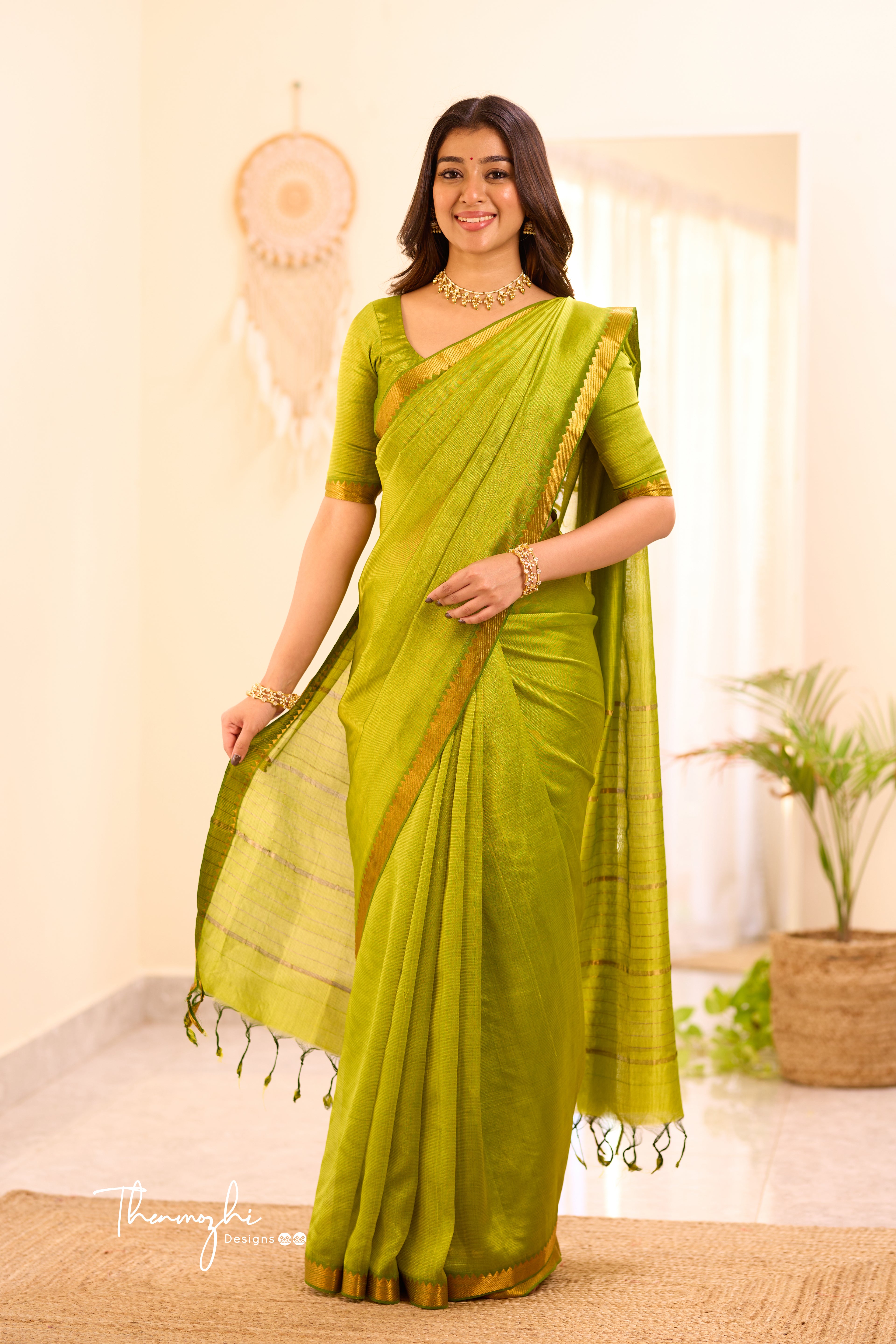 Parrot Green Mangalagiri Semi Silk Cotton Saree