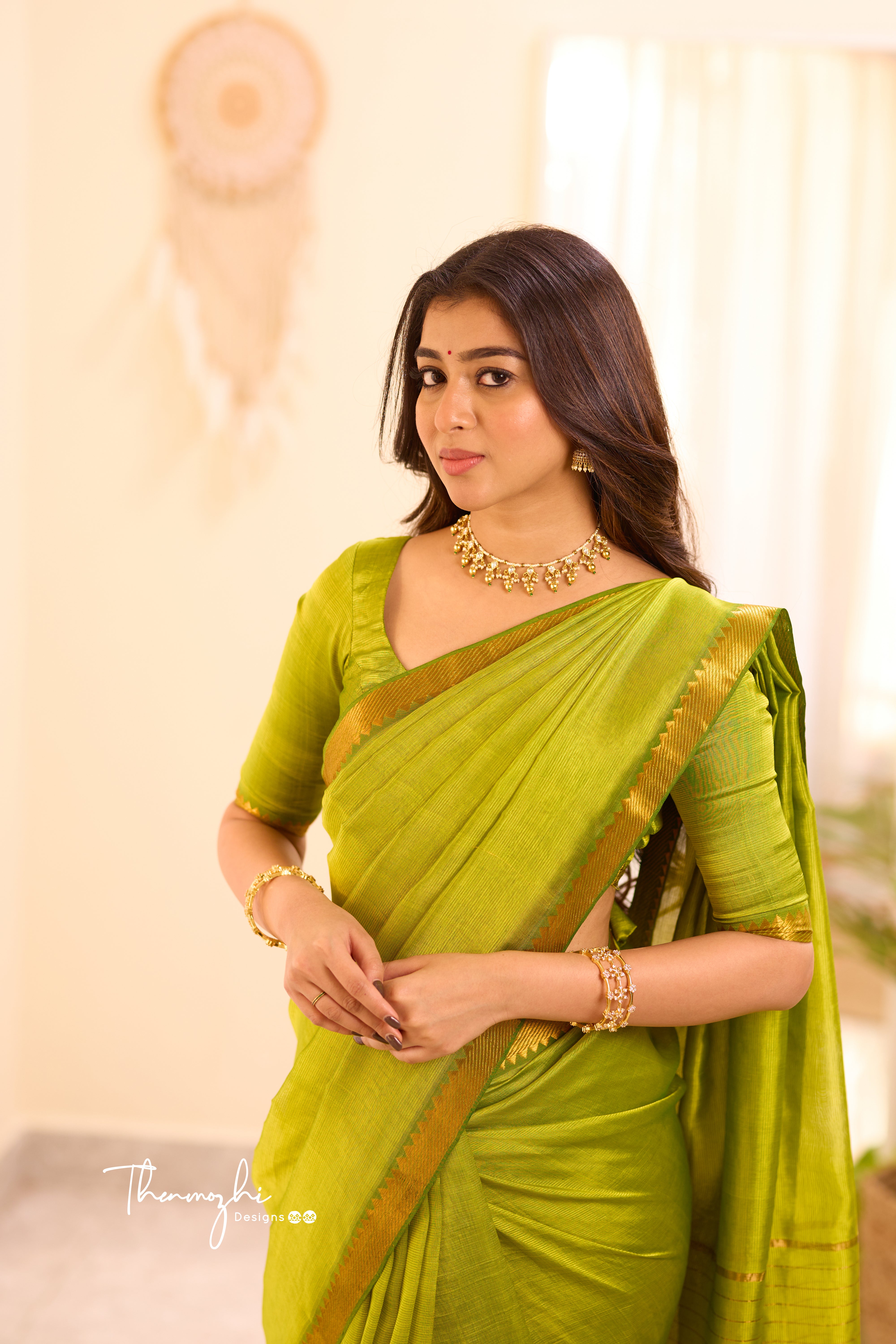 Parrot Green Mangalagiri Semi Silk Cotton Saree