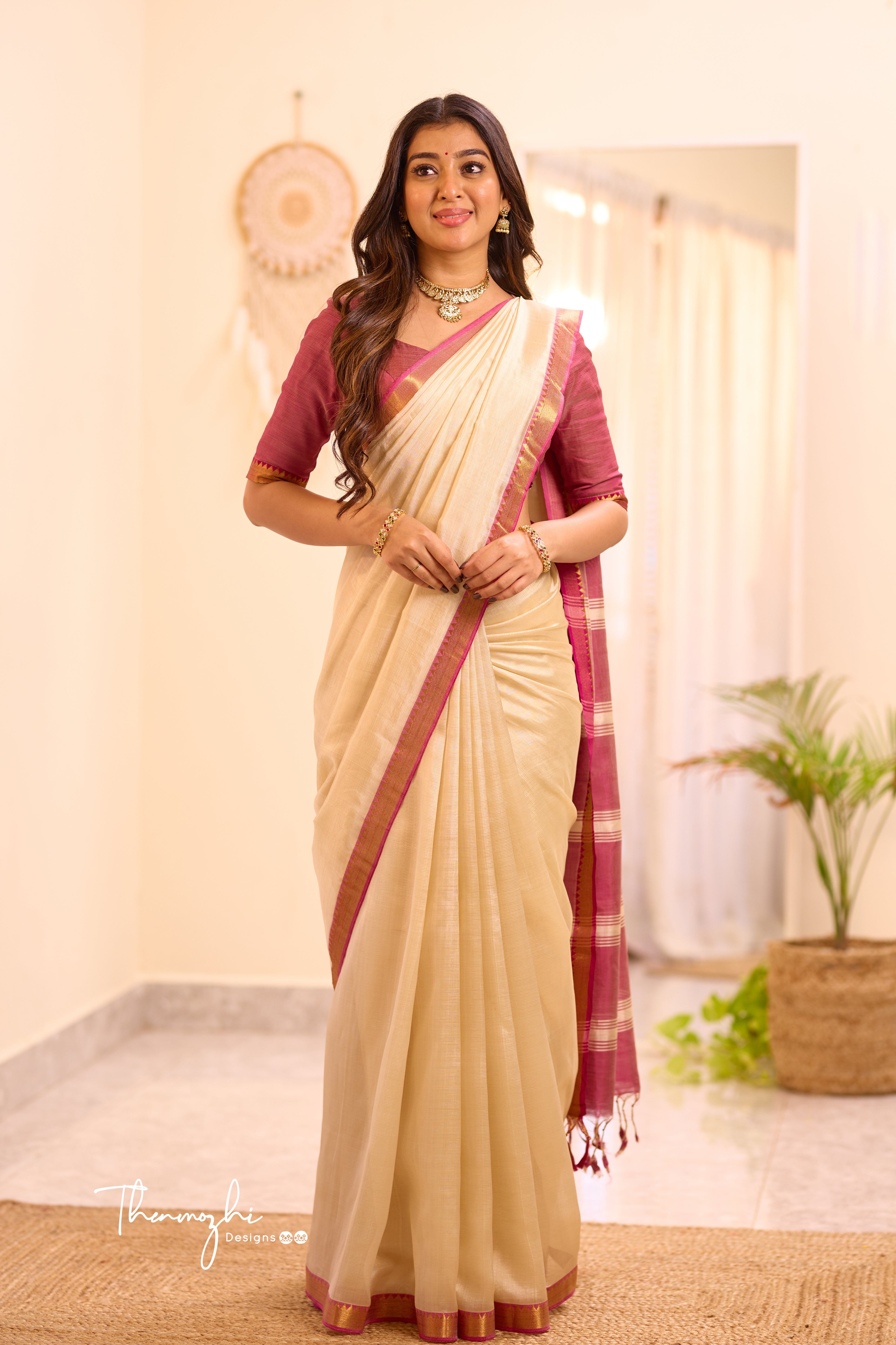 Half white pink Mangalagiri Semi Silk Cotton Saree