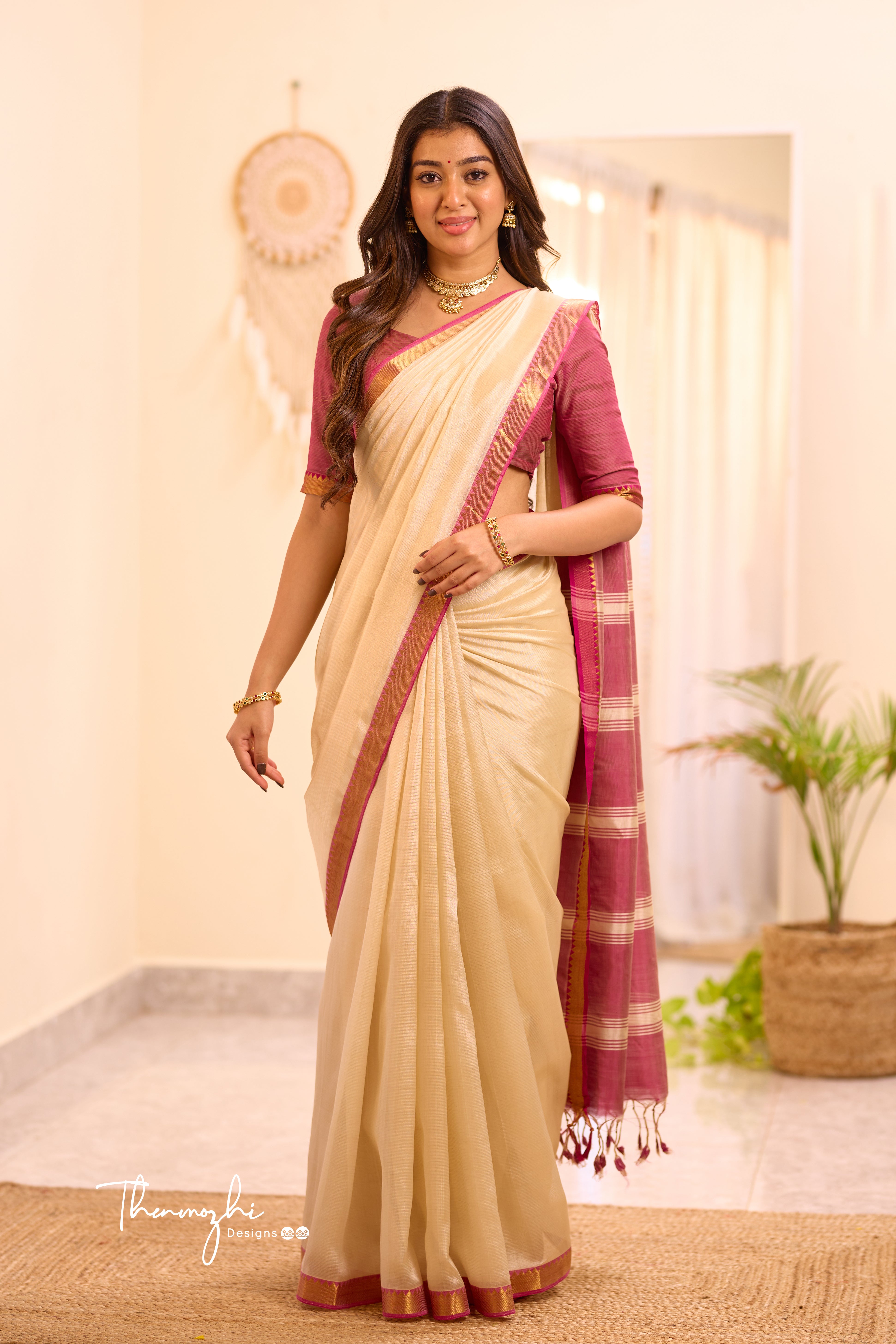 Half white pink Mangalagiri Semi Silk Cotton Saree