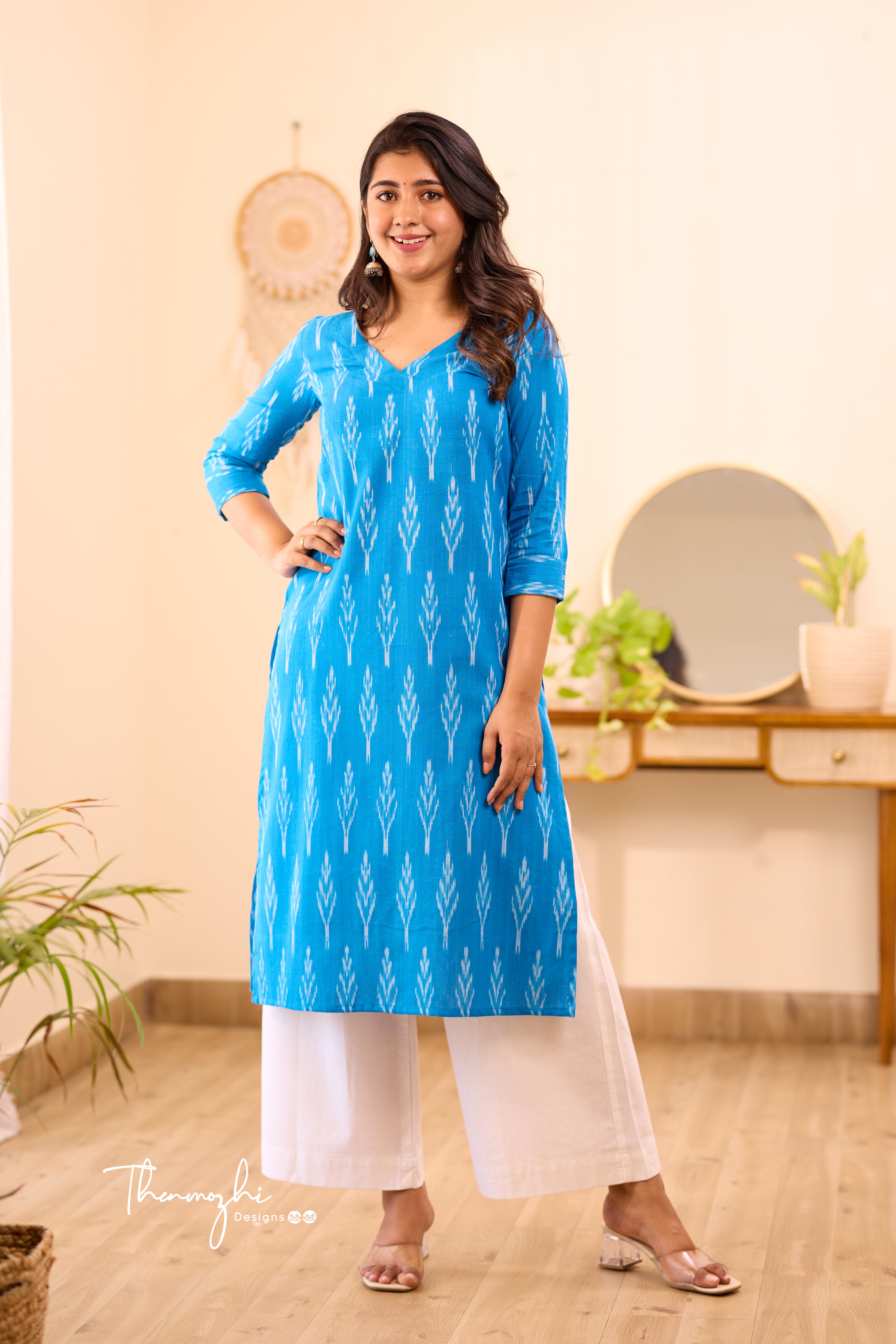 Sky Blue Ikkat Cotton Kurta with Sleeve