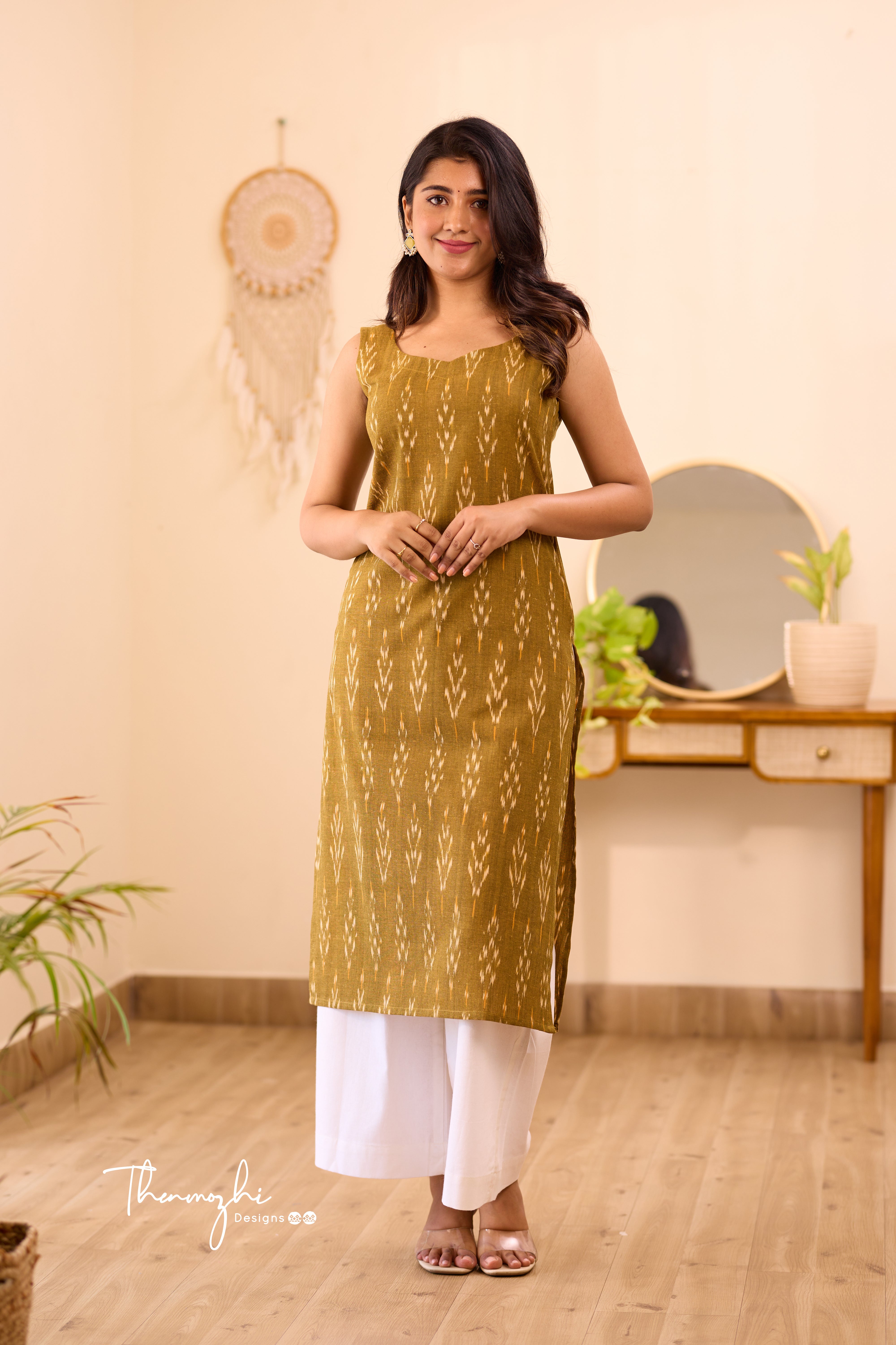 Olive Green Ikkat Cotton Kurta (Sleeveless)