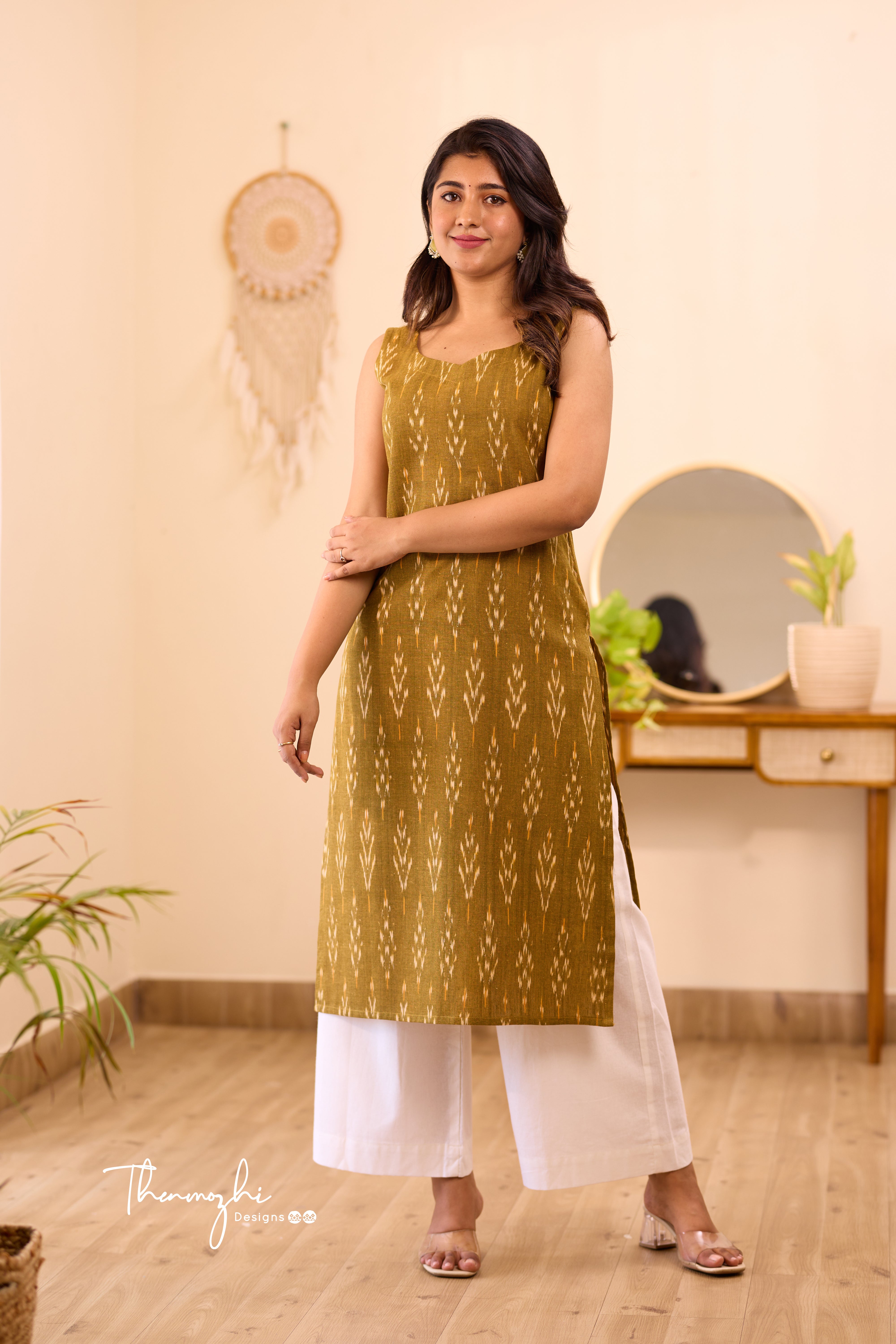 Olive Green Ikkat Cotton Kurta (Sleeveless)