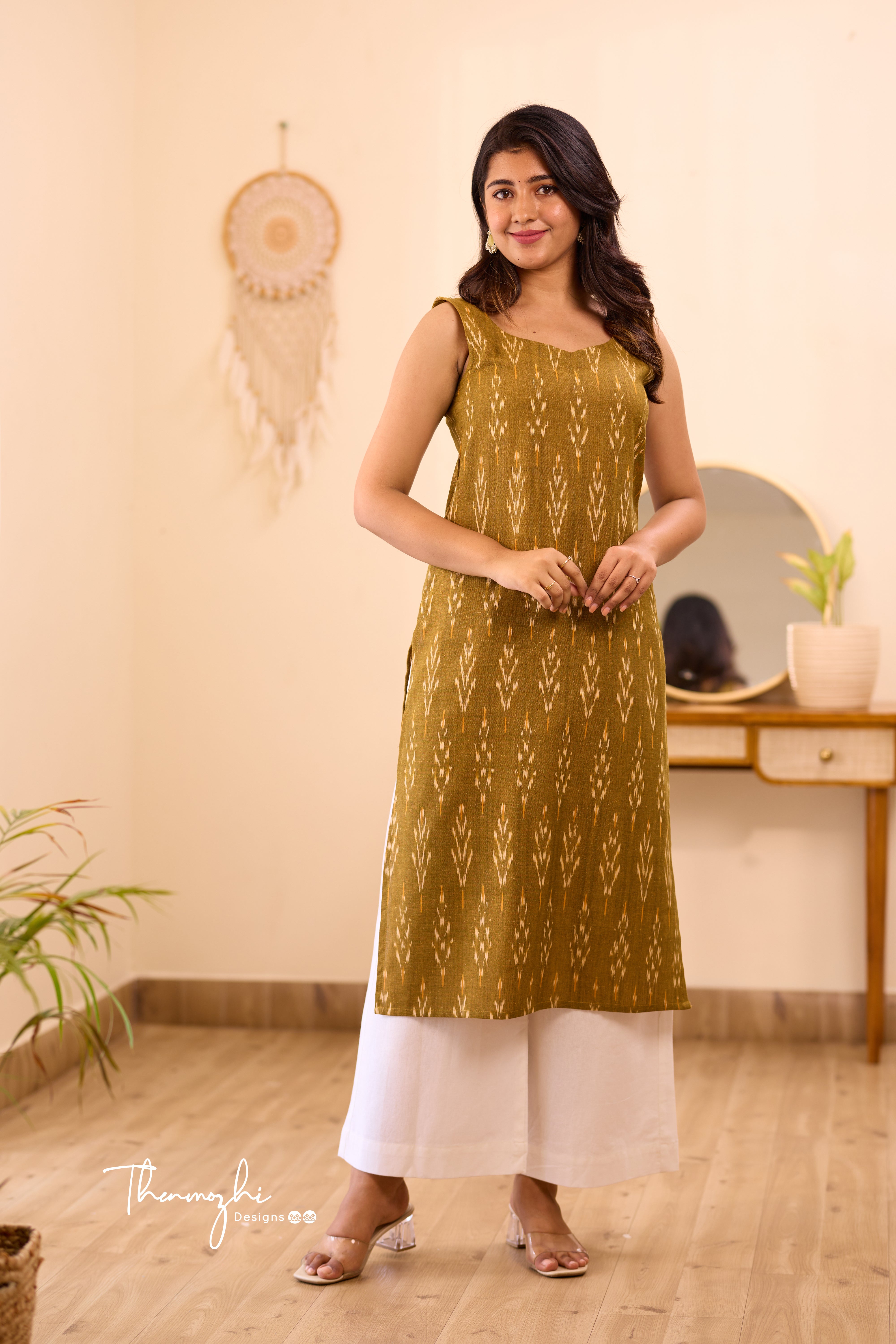 Olive Green Ikkat Cotton Kurta (Sleeveless)