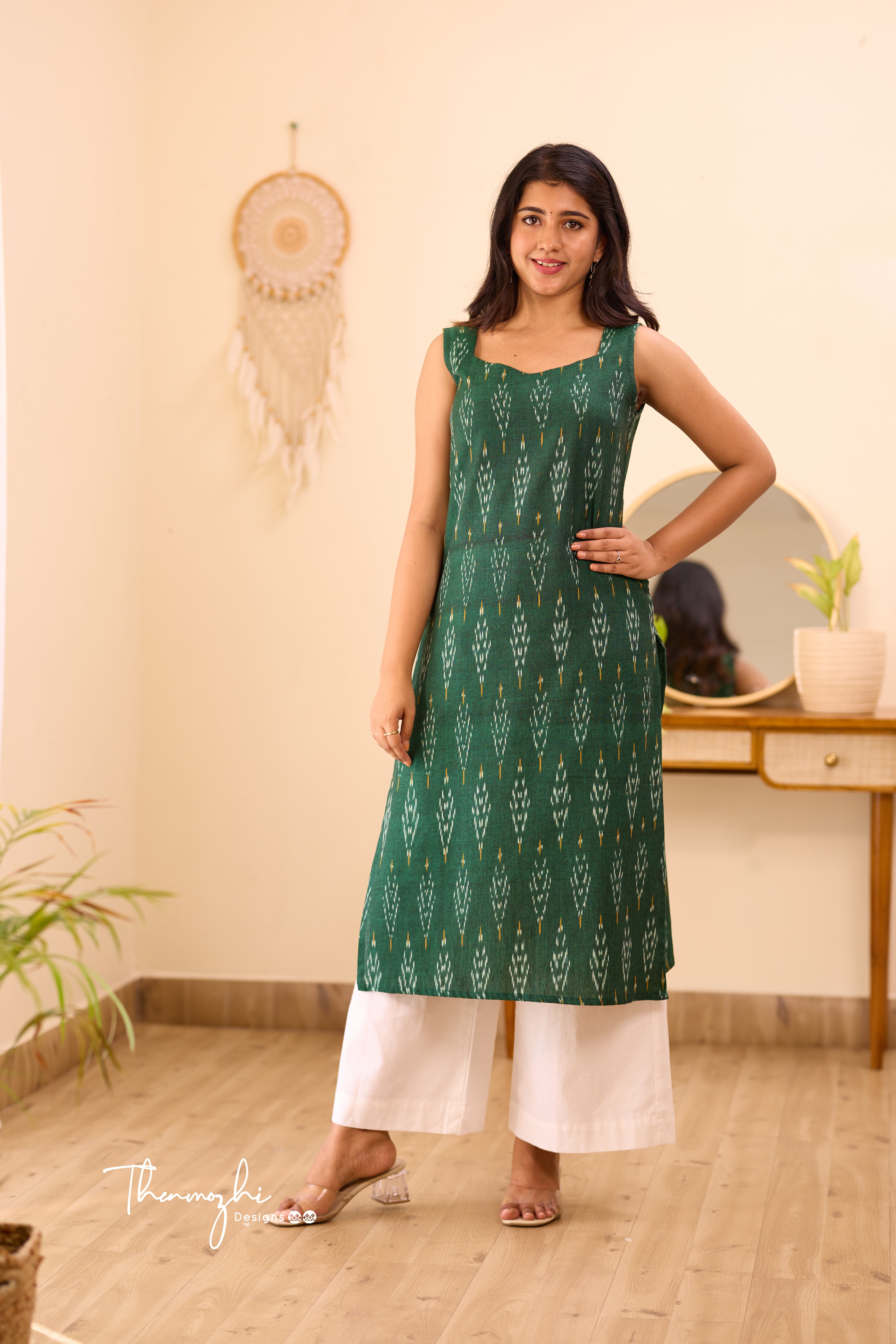 Dark Green Ikkat Cotton Kurta (Sleeveless)